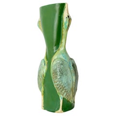 French Glass Vase with Two Gooses Embossed Art Nouveau, circa 1900