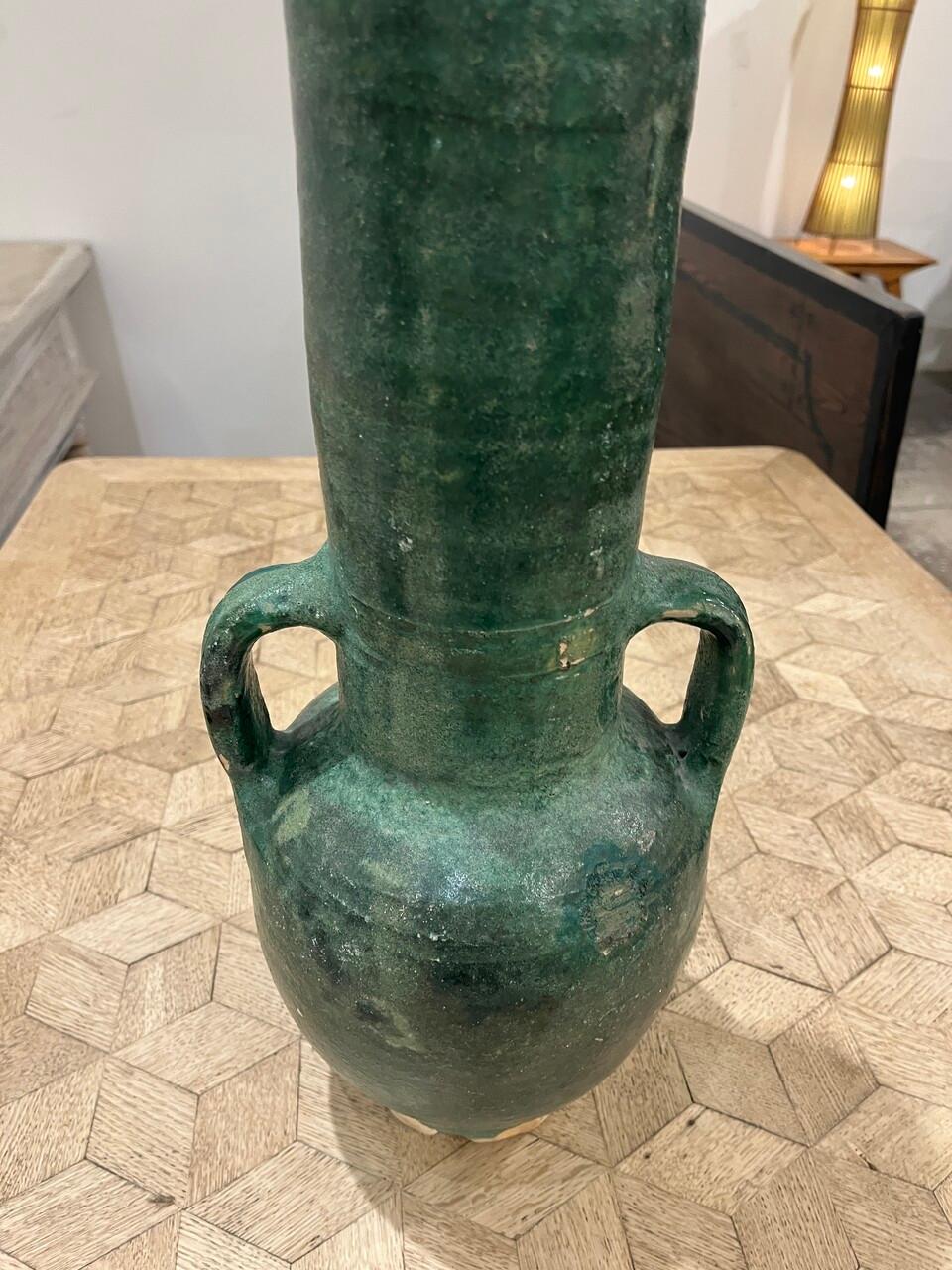 French Glazed 2 Handle Green Glaze Olive Jar Glaseado en venta