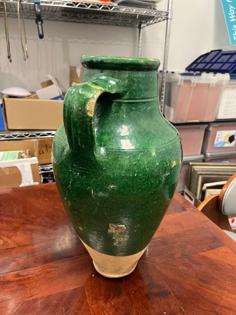 French Glazed 2 Handle Green Olive Jar. Beautifully aged with some loss as to be expected. few chips
Listing 2 more similar pieces