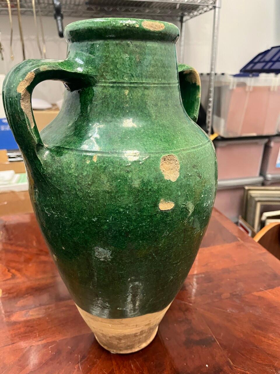 French Glazed 2 Handle Green Olive Jar Glaseado en venta