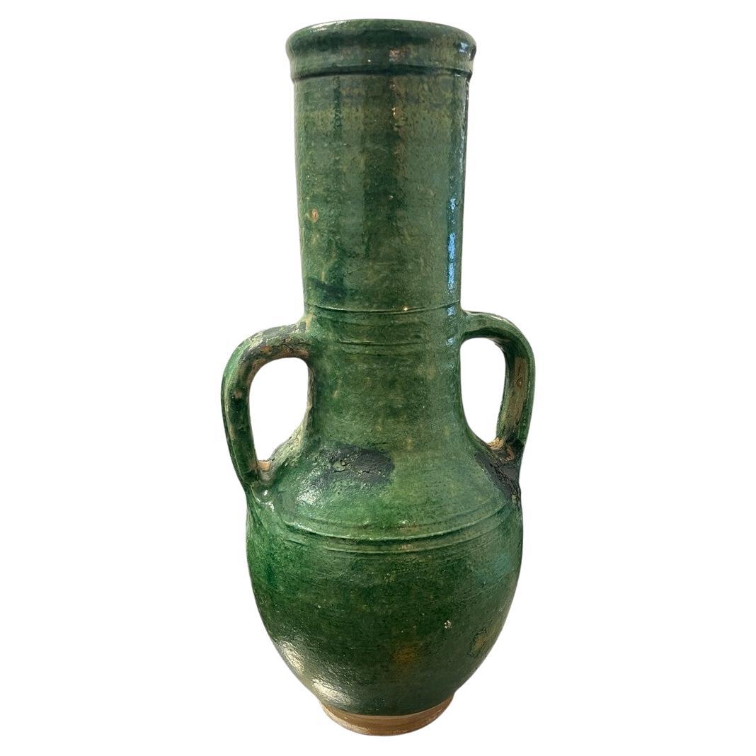 French Glazed 2 Handle Green Olive Jar