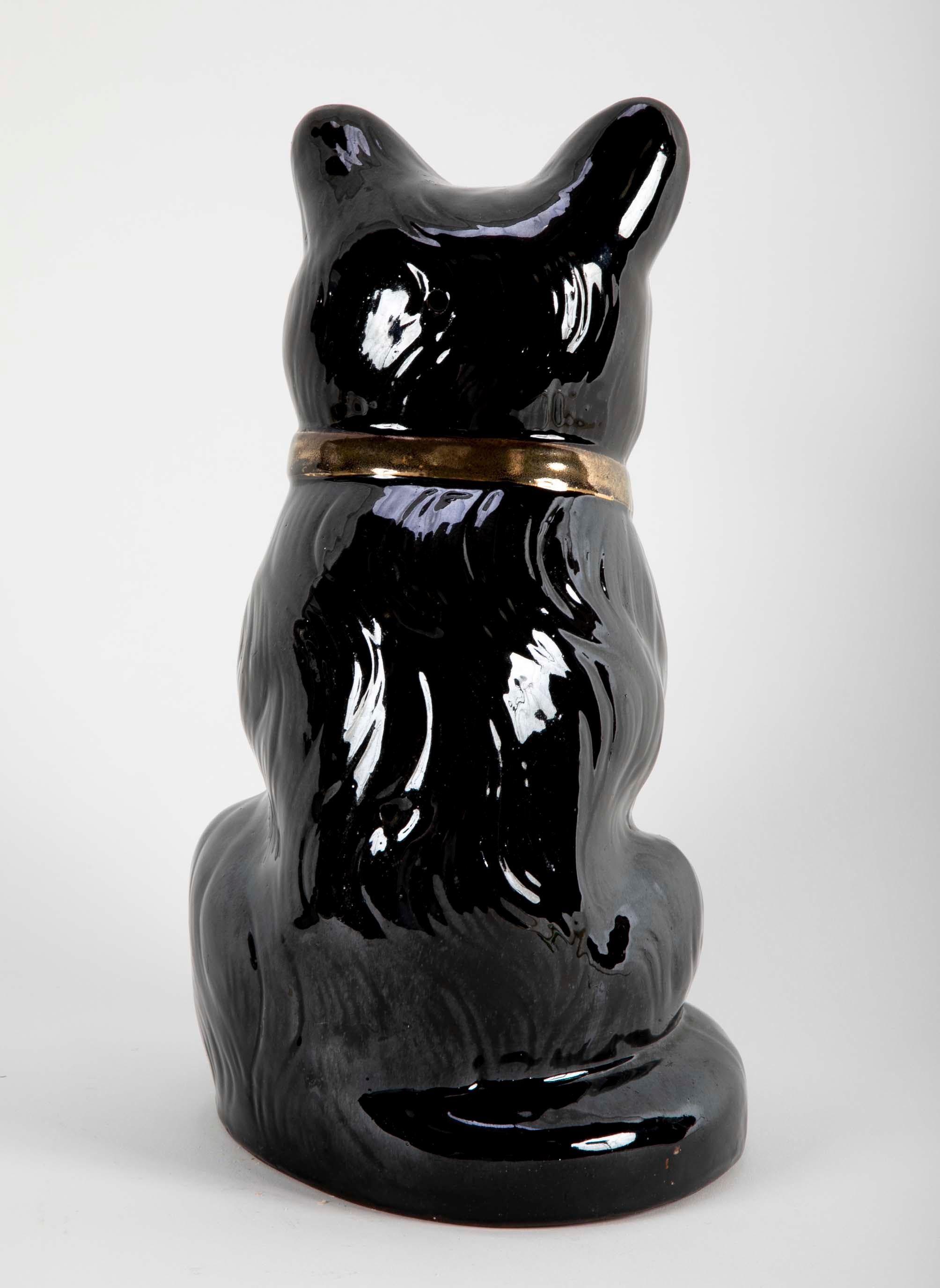 Midcentury French Glazed Ceramic Black Cat For Sale 2