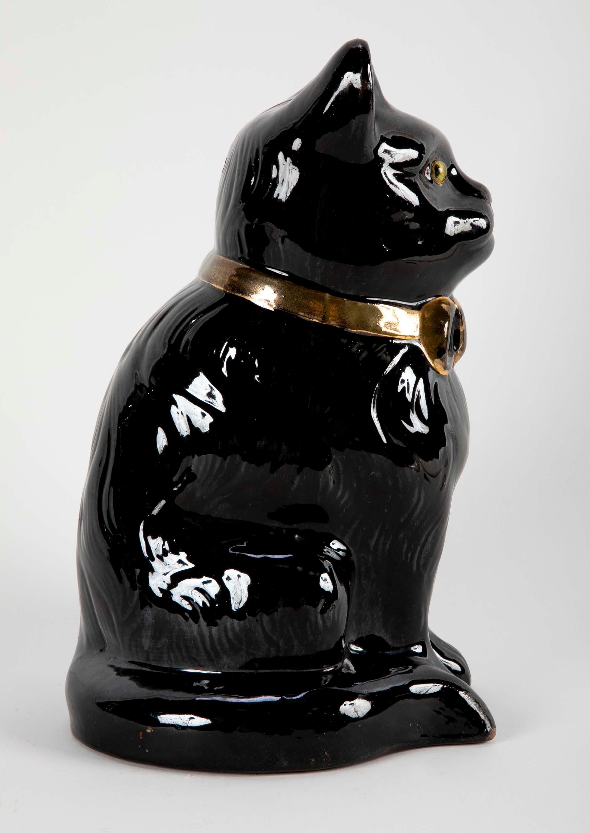 Midcentury French Glazed Ceramic Black Cat For Sale 3