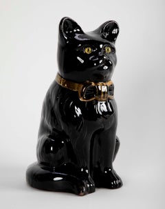 Midcentury French Glazed Ceramic Black Cat