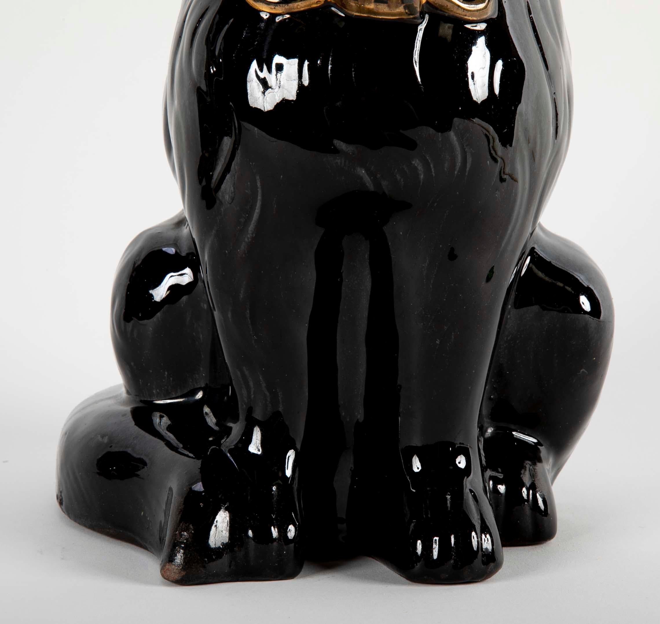 Midcentury French Glazed Ceramic Black Cat In Good Condition For Sale In Stamford, CT