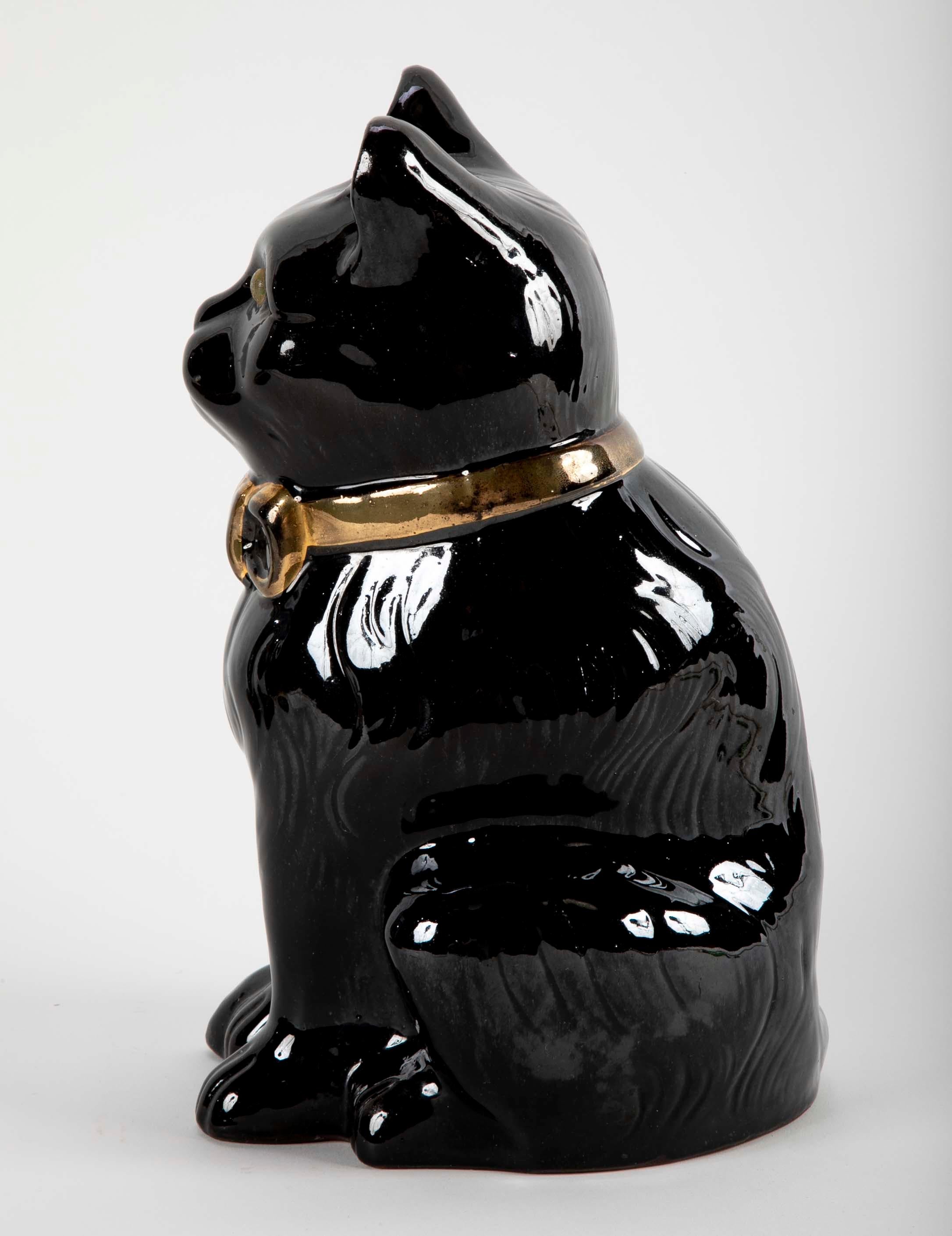 20th Century Midcentury French Glazed Ceramic Black Cat For Sale