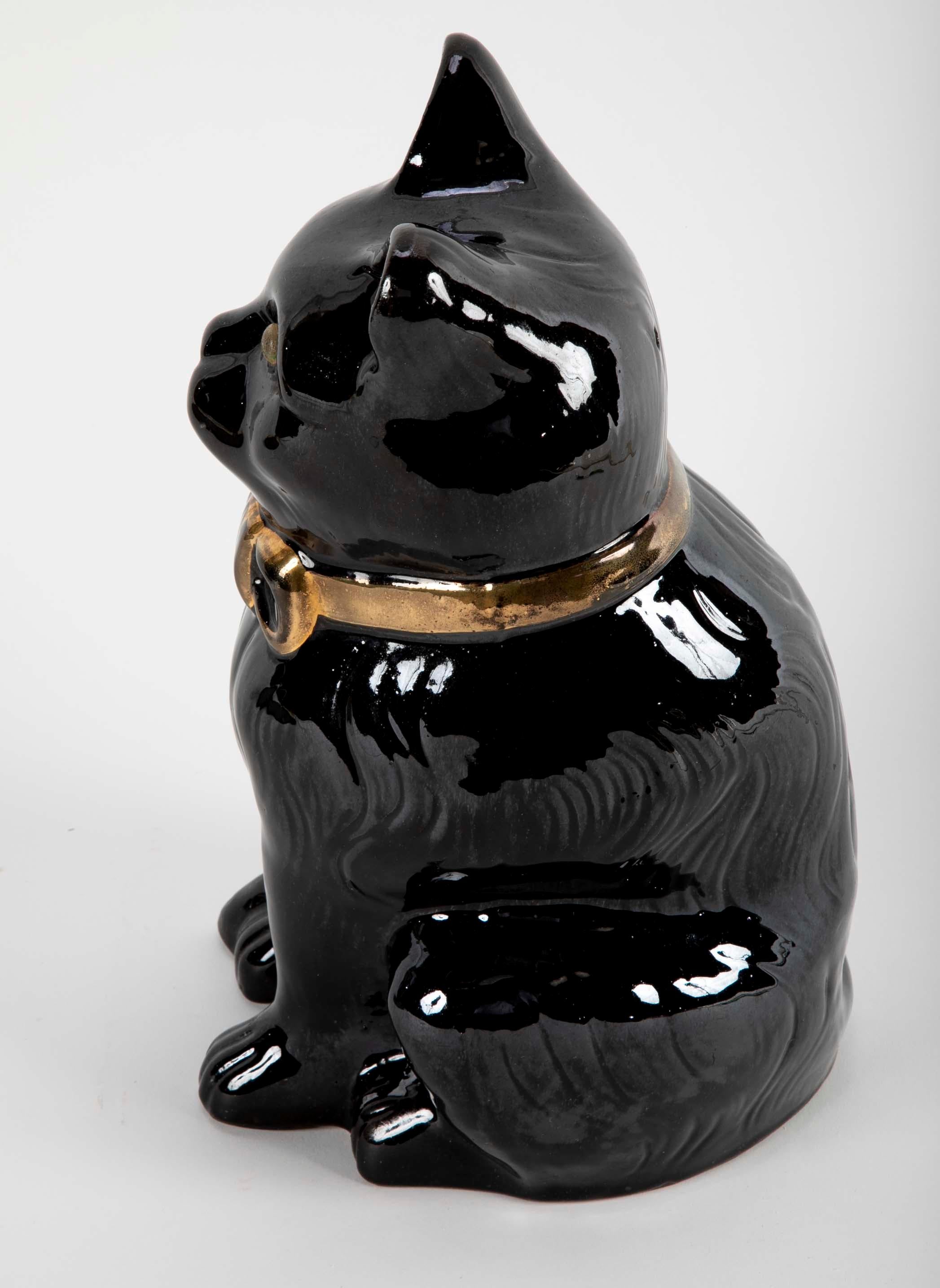 Midcentury French Glazed Ceramic Black Cat For Sale 1