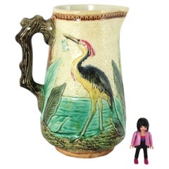 French Glazed Ceramic Jug with Bird Leaves Decor & Faux Tree Trunk Handle, 1940