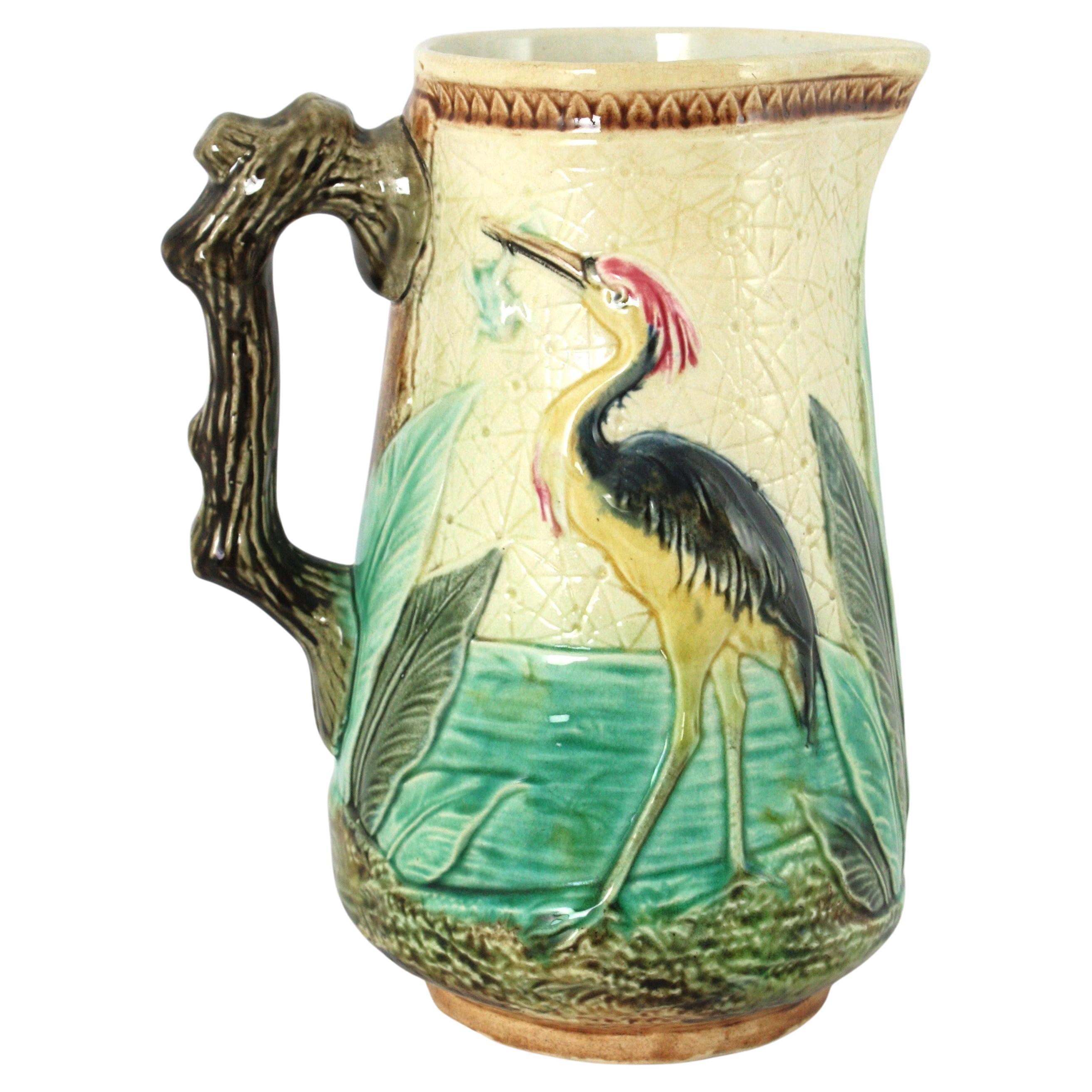French Glazed Ceramic Jug with Bird Leaves Decor & Faux Tree Trunk Handle, 1940 For Sale