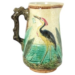 French Glazed Ceramic Jug with Bird Leaves Decor & Faux Tree Trunk Handle, 1940