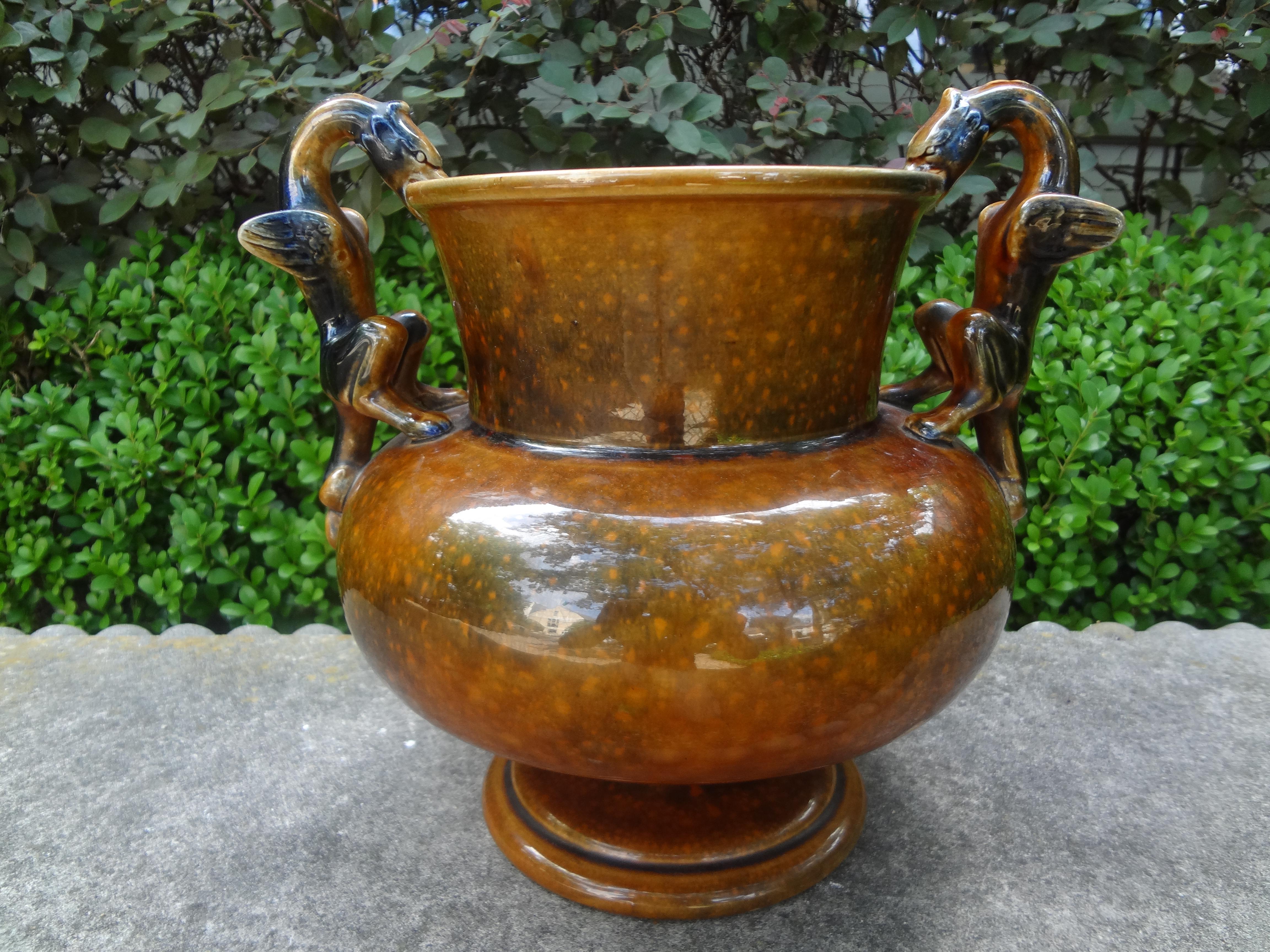 Gothic French Sarreguemines Style Glazed Ceramic Urn with Griffin Handles For Sale