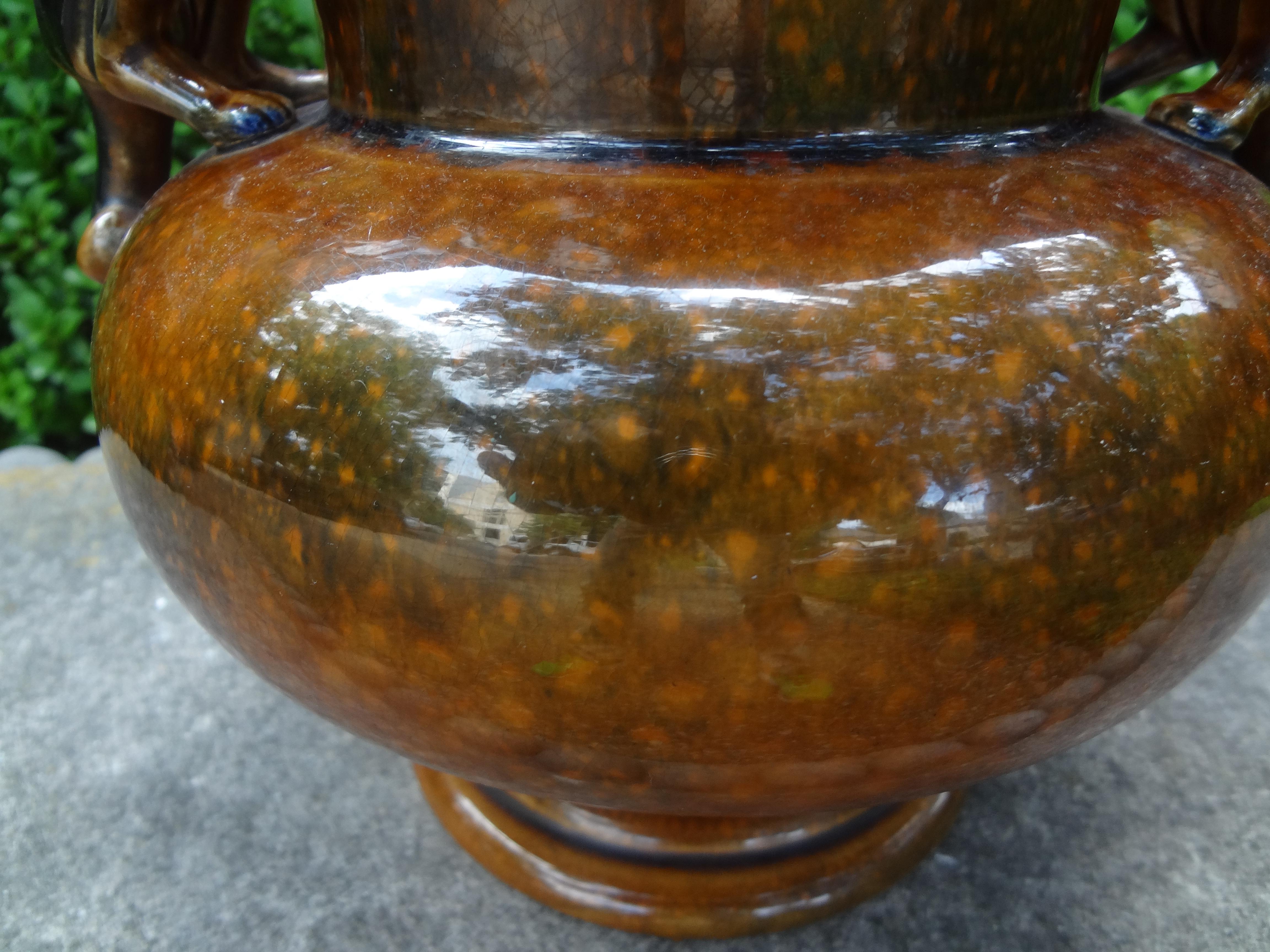 French Sarreguemines Style Glazed Ceramic Urn with Griffin Handles For Sale 1