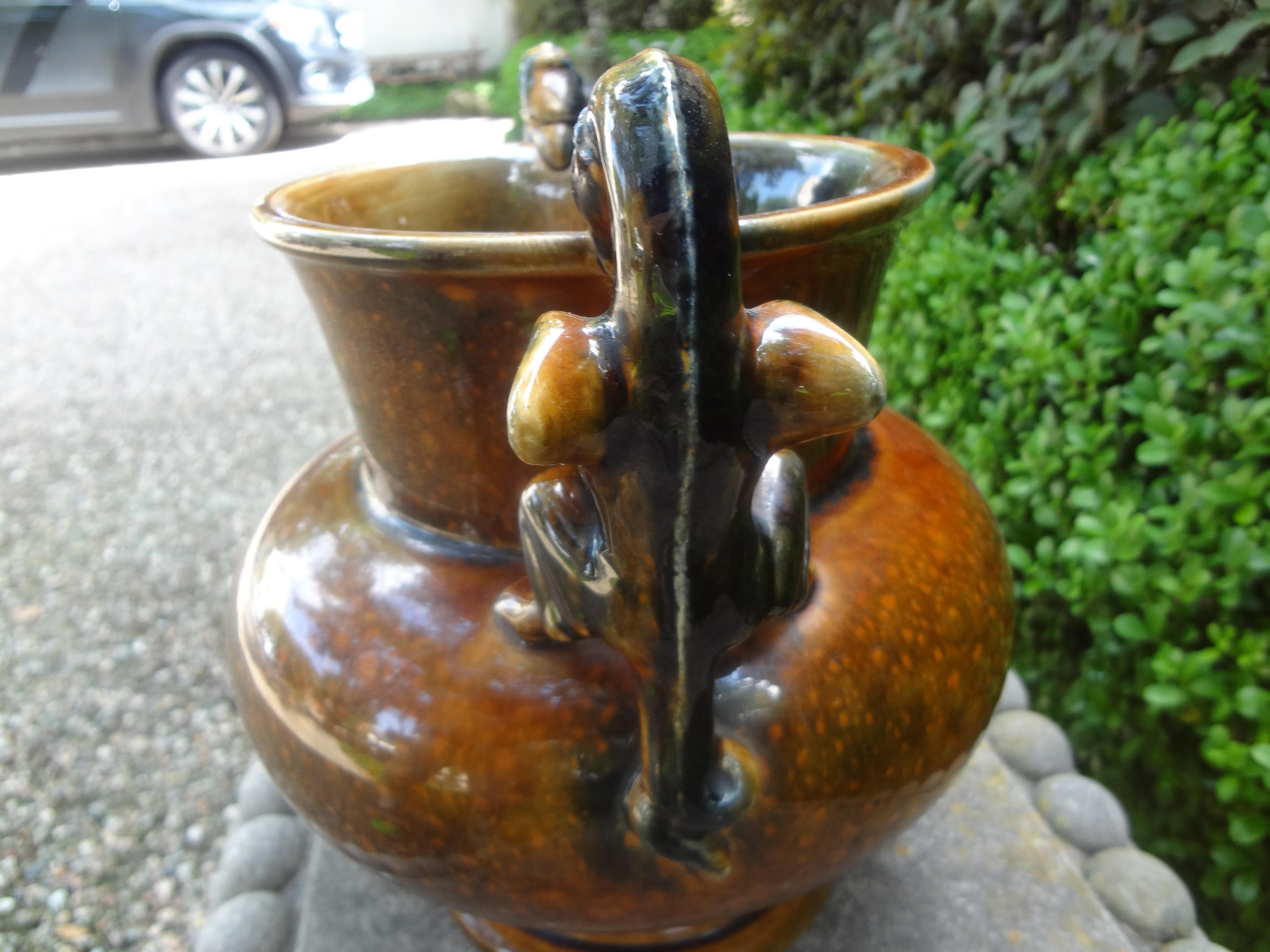 French Sarreguemines Style Glazed Ceramic Urn with Griffin Handles For Sale 3