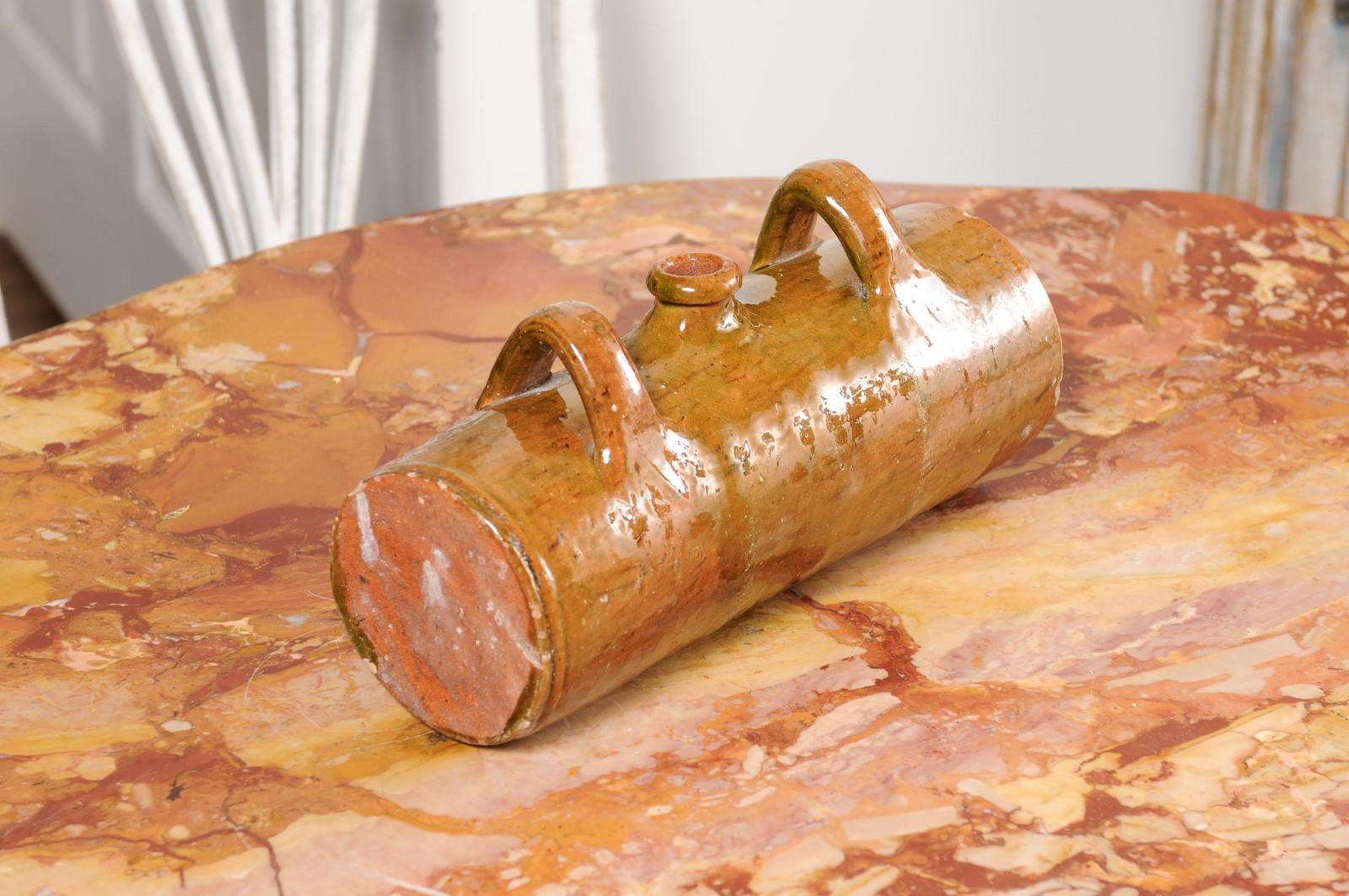 19th Century French Glazed Pottery Bouillotte Hot Water Bottle with Two Handles from Normandy For Sale