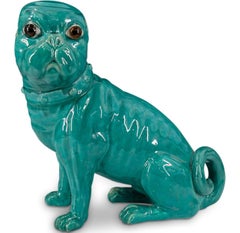 French Glazed Terra Cotta Pottery Pug Figurine Sculpture With Glass Eyes