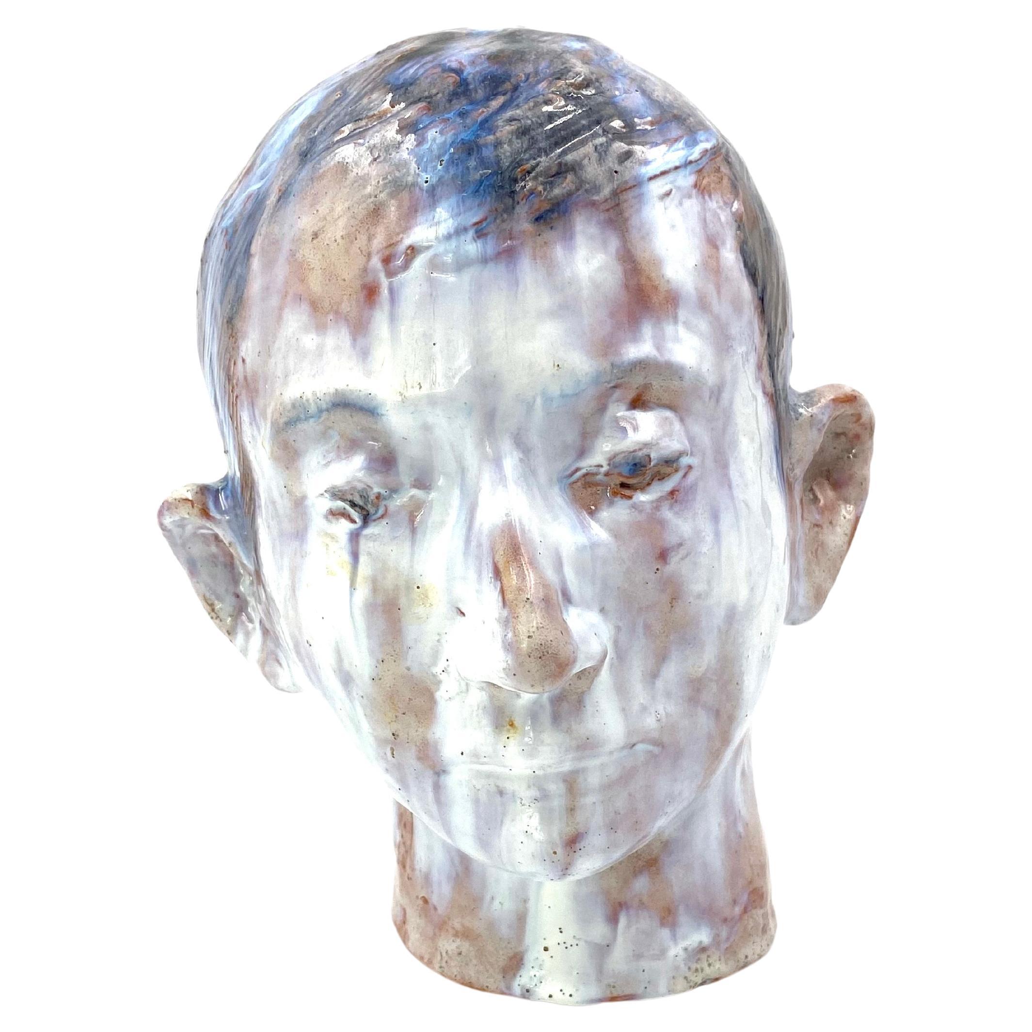 French Glazed Terracotta Boy Head, France, 1958