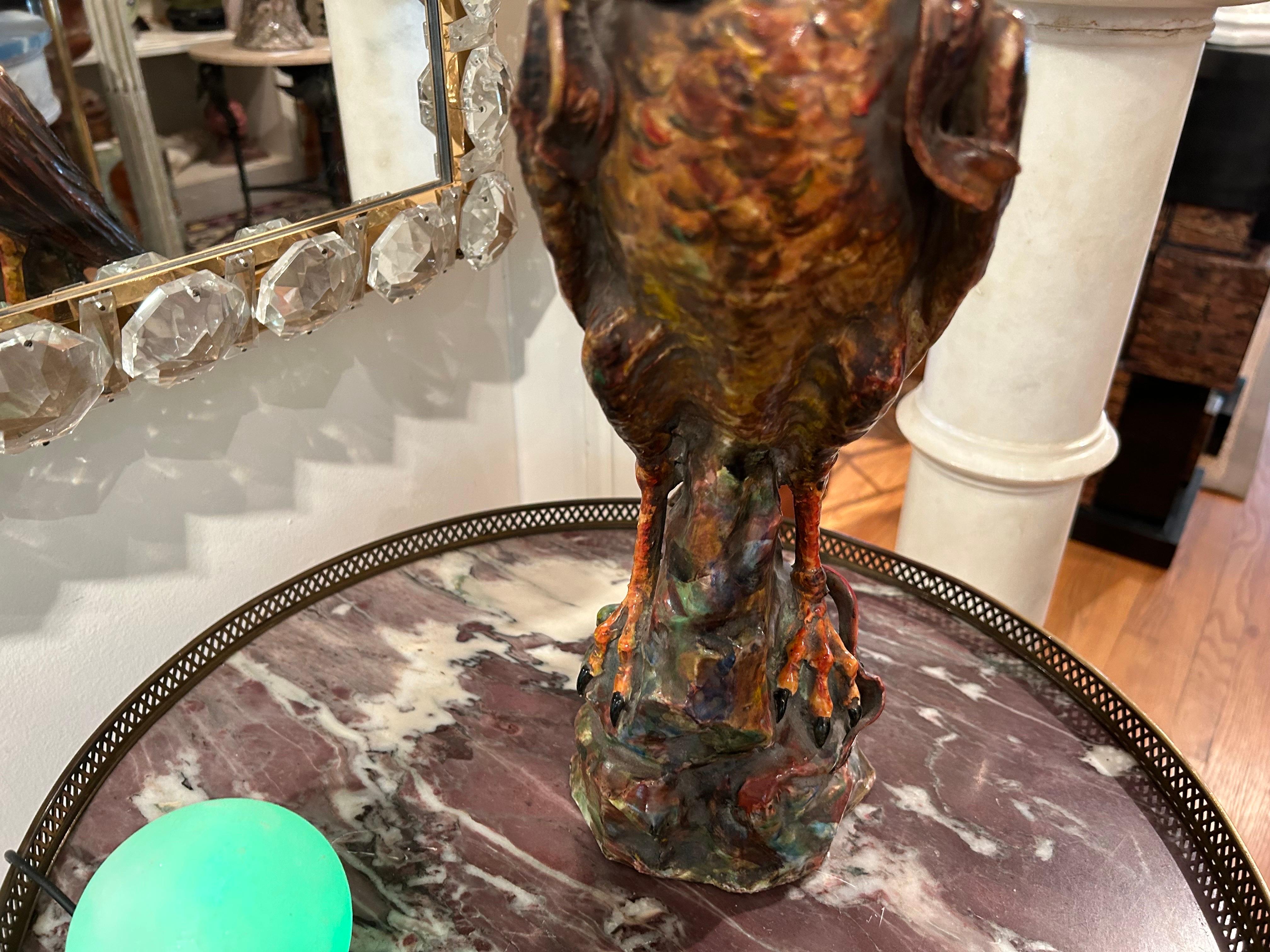French Glazed Terracotta Falcon Sculpture.
Our beautifully executed French Art Nouveau glazed terra cotta falcon is a realistic interpretation with stunning colors. Although unsigned, this is clearly the work of a talented artist.
Great table or