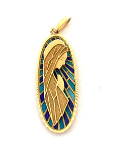 French Gold 18k 750 Enamel Virgin Mary Pendant
