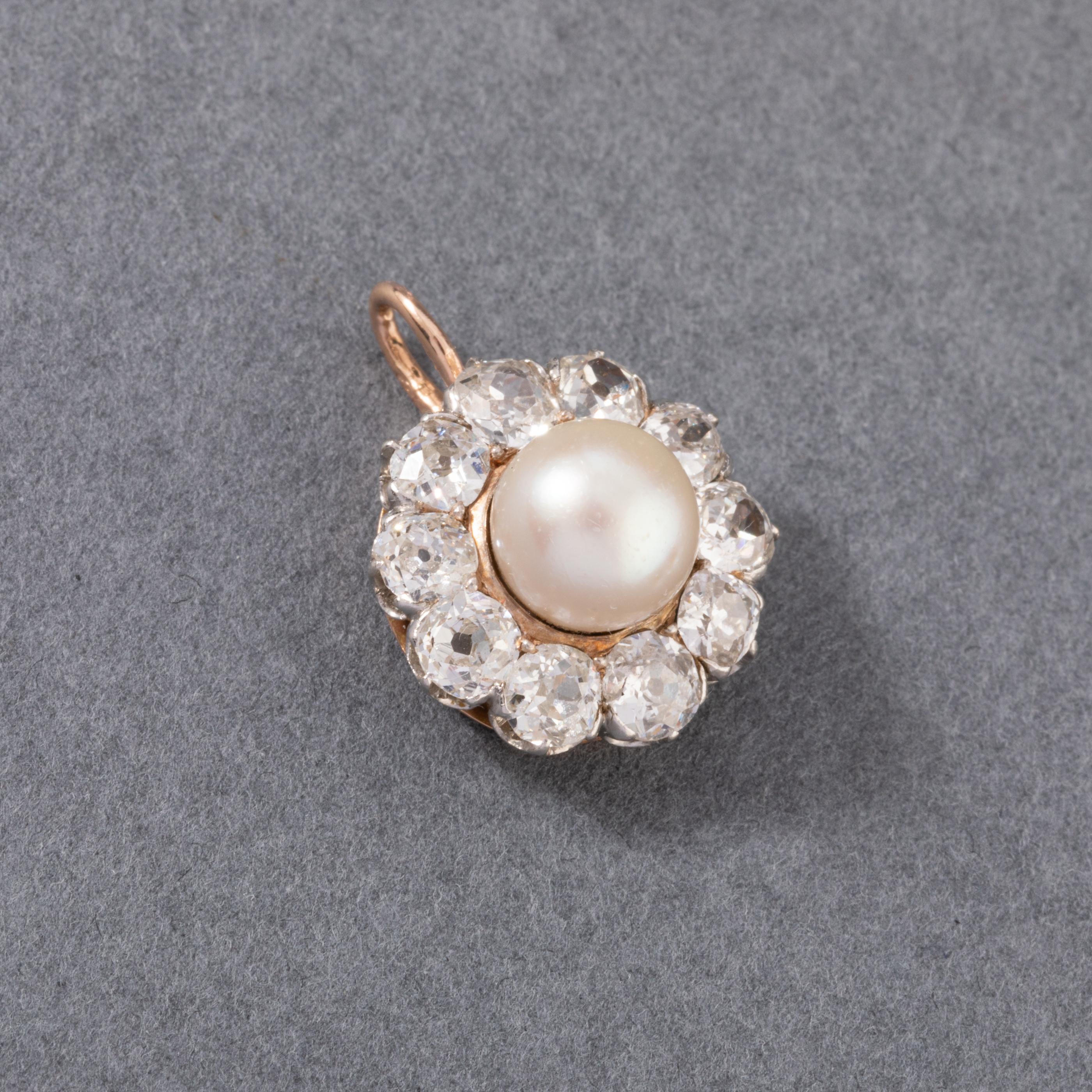 Old European Cut French Gold and 2 Carats Diamonds and Natural Pearl Antique Pendant For Sale