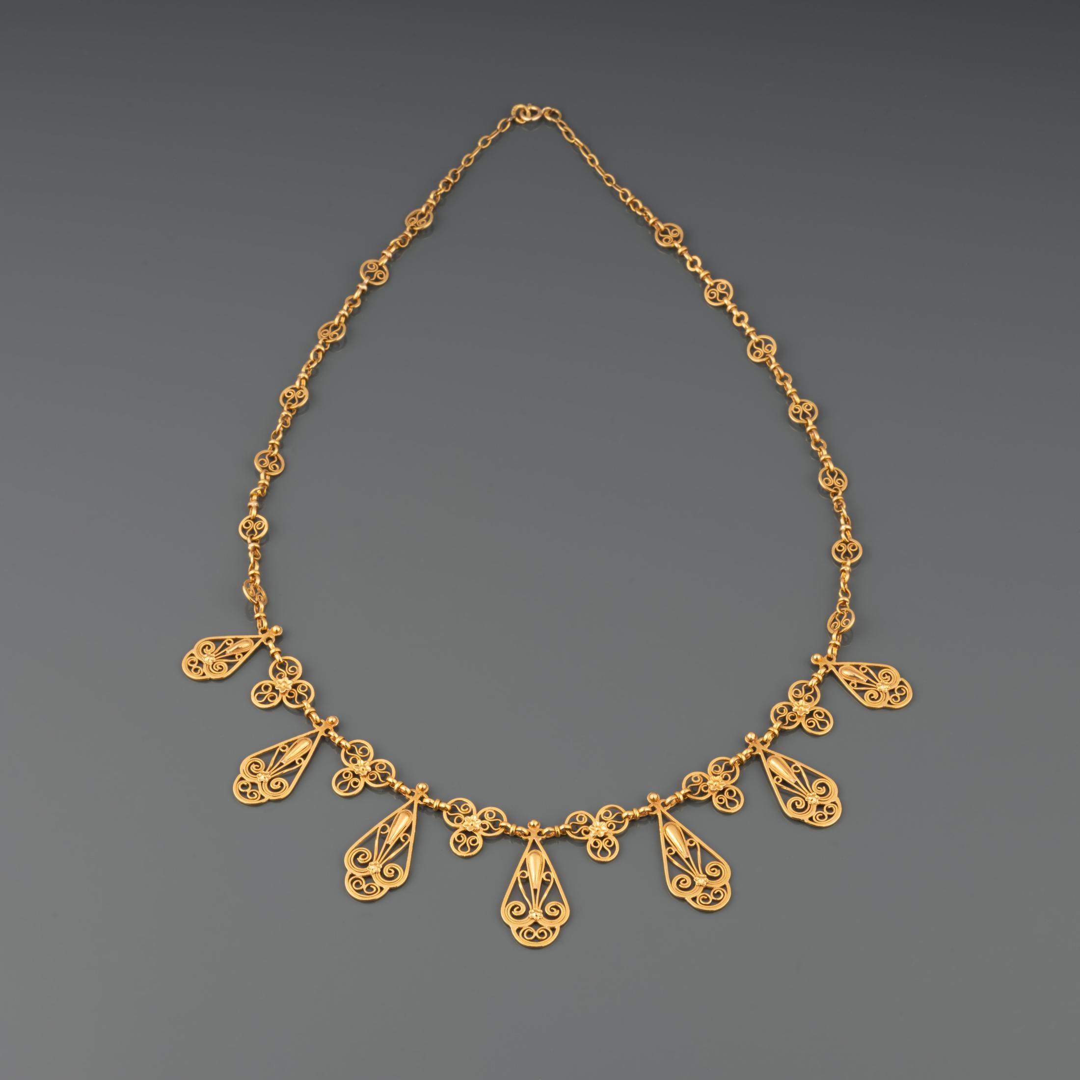A very lovely antique necklace, made in France circa 1880.

Made in yellow gold 18k, multiple hallmarks (eagle heads).

The length is 47cm. The height of central pendants is 28mm.

Weight is 20 grams.


