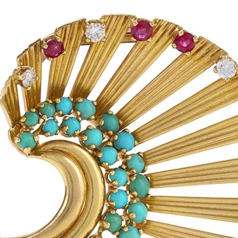 Brosche aus französischem Gold mit Türkis, Diamant und Rubin von Janca im Zustand „Hervorragend“ im Angebot in New York, NY