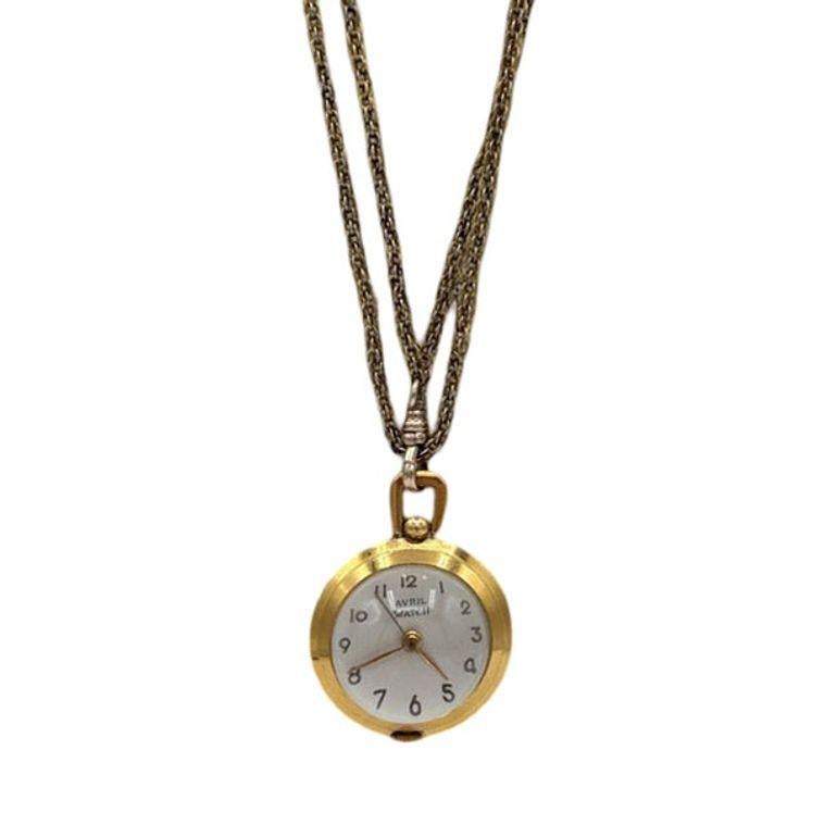 French Gold Bubble Pendant Watch w/ Skeleton View by Avril w/ 14K Gold Chain In Excellent Condition For Sale In Van Nuys, CA