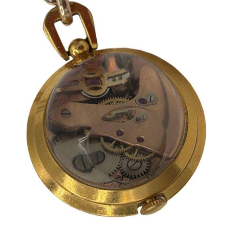 French Gold Bubble Pendant Watch w/ Skeleton View by Avril w/ 14K Gold Chain For Sale 2