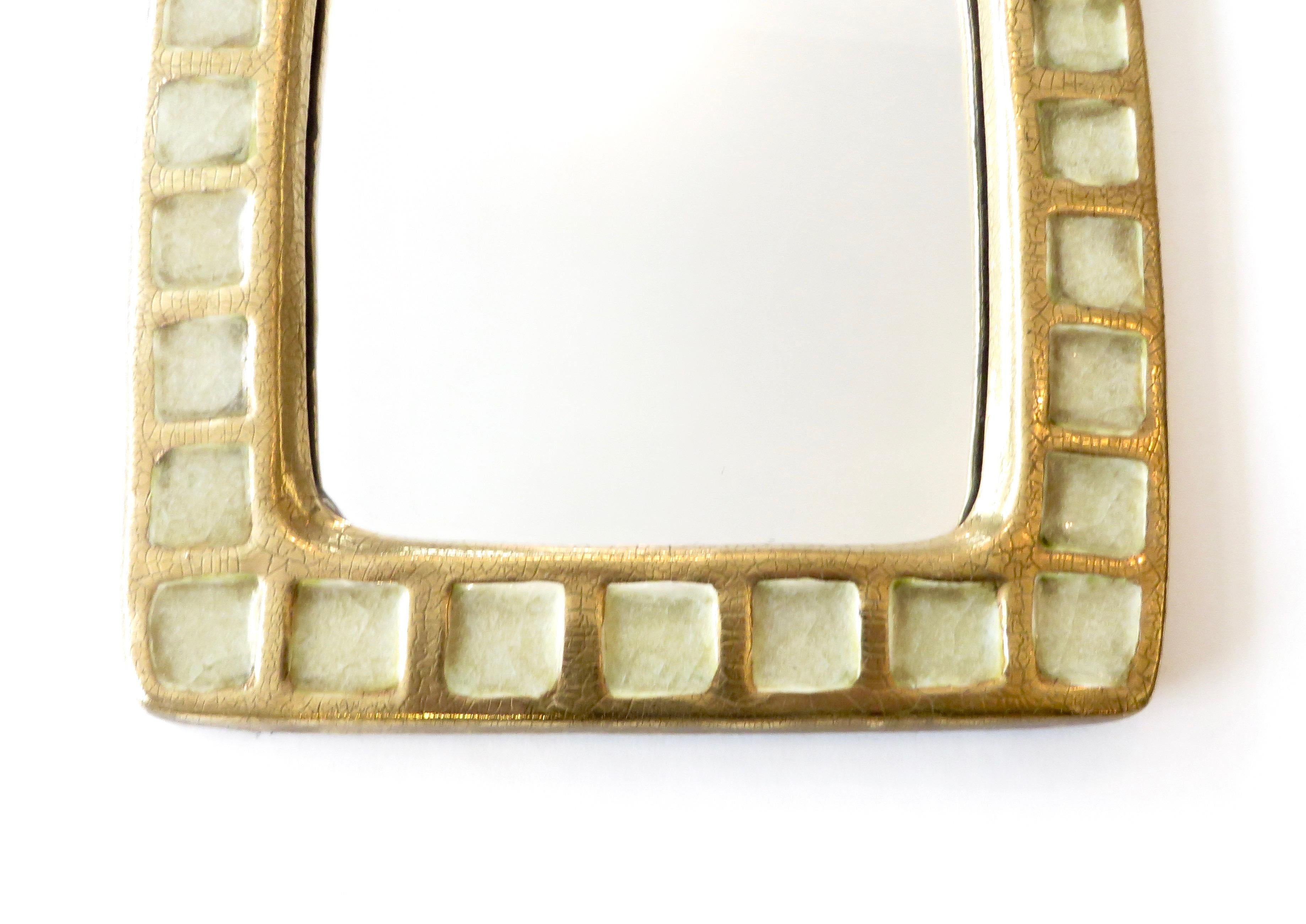Mithé Espelt French Gold Ceramic and Fused Cream White Glass Rectangular Mirror  In Good Condition In Chicago, IL