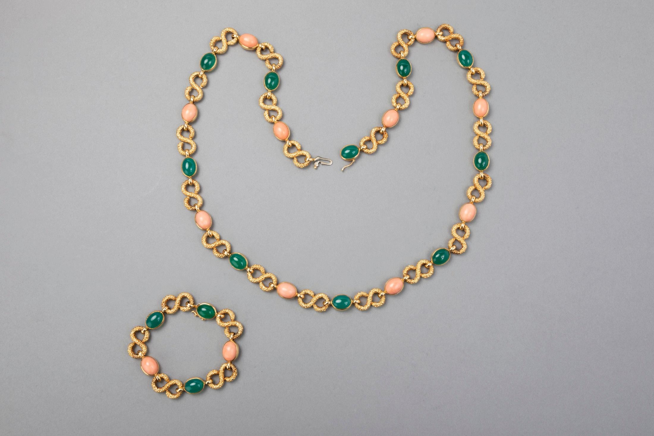 French Gold Coral and Agate Necklace and Bracelet Set 8