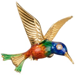 French Gold Diamond and Enamel Bird