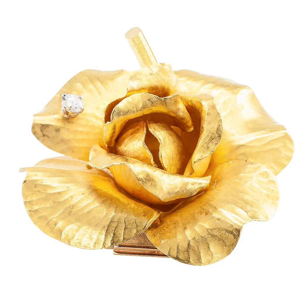 Modern French Gold Diamond Rose Flower Brooch