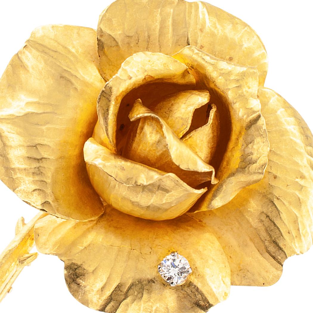 Round Cut French Gold Diamond Rose Flower Brooch