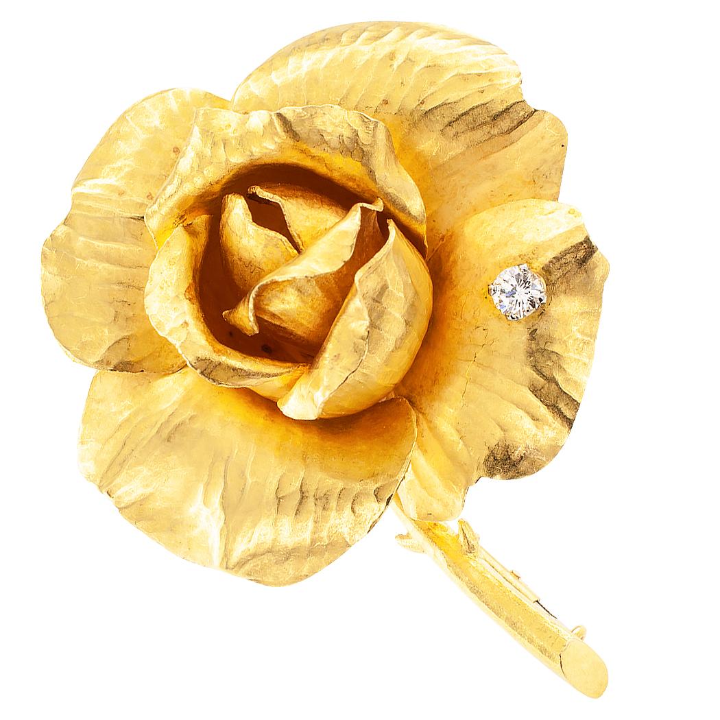 French Gold Diamond Rose Flower Brooch