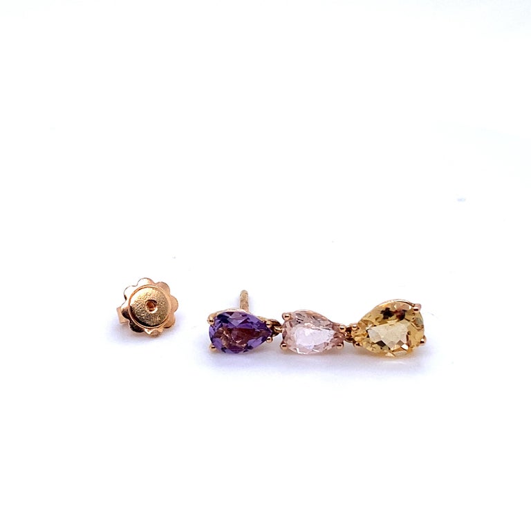Baroque French Gold Earrings accompanied by 3 Stones an Amethyst a Beryl and a Citrine For Sale
