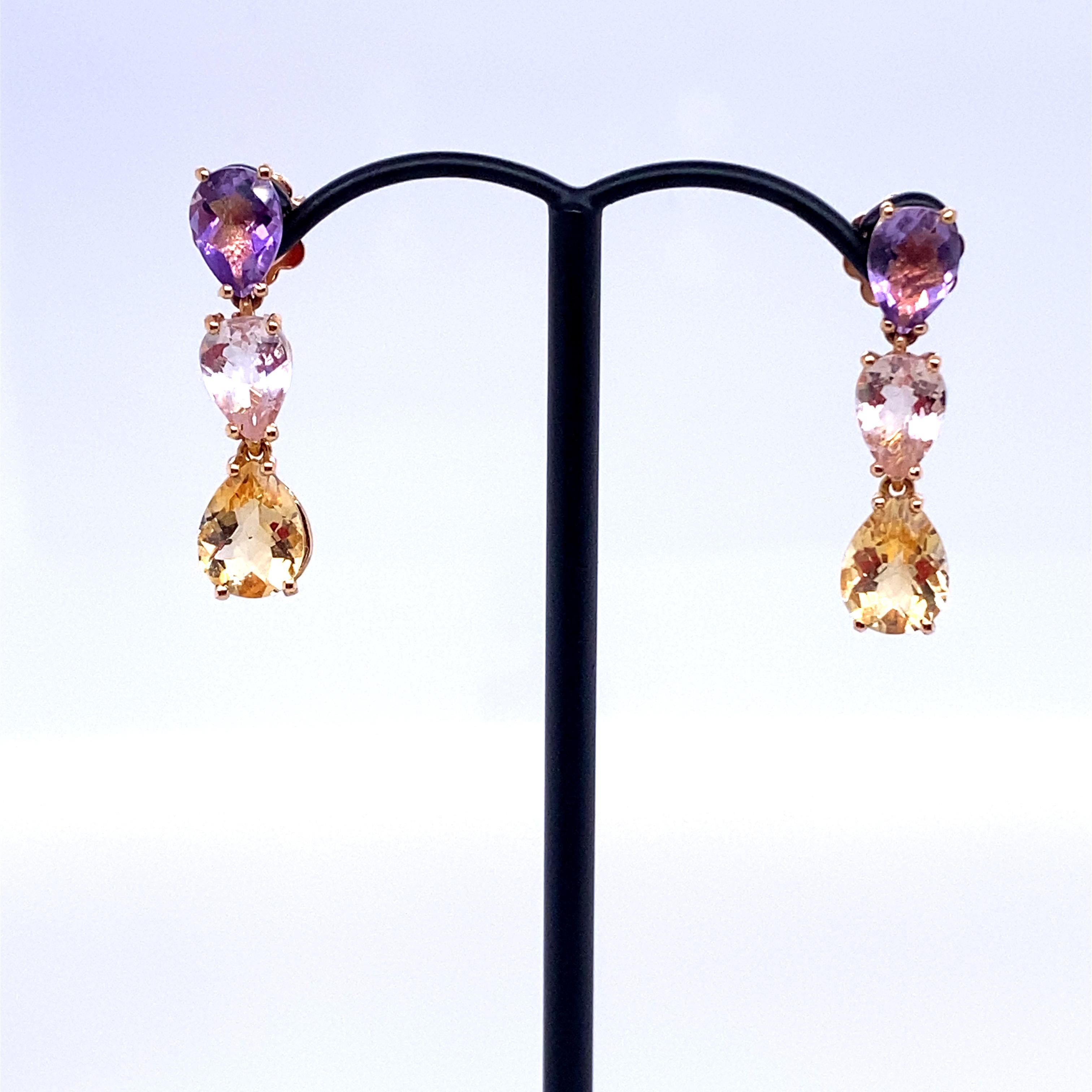 Baroque French Gold Earrings accompanied by 3 Stones an Amethyst a Beryl and a Citrine For Sale