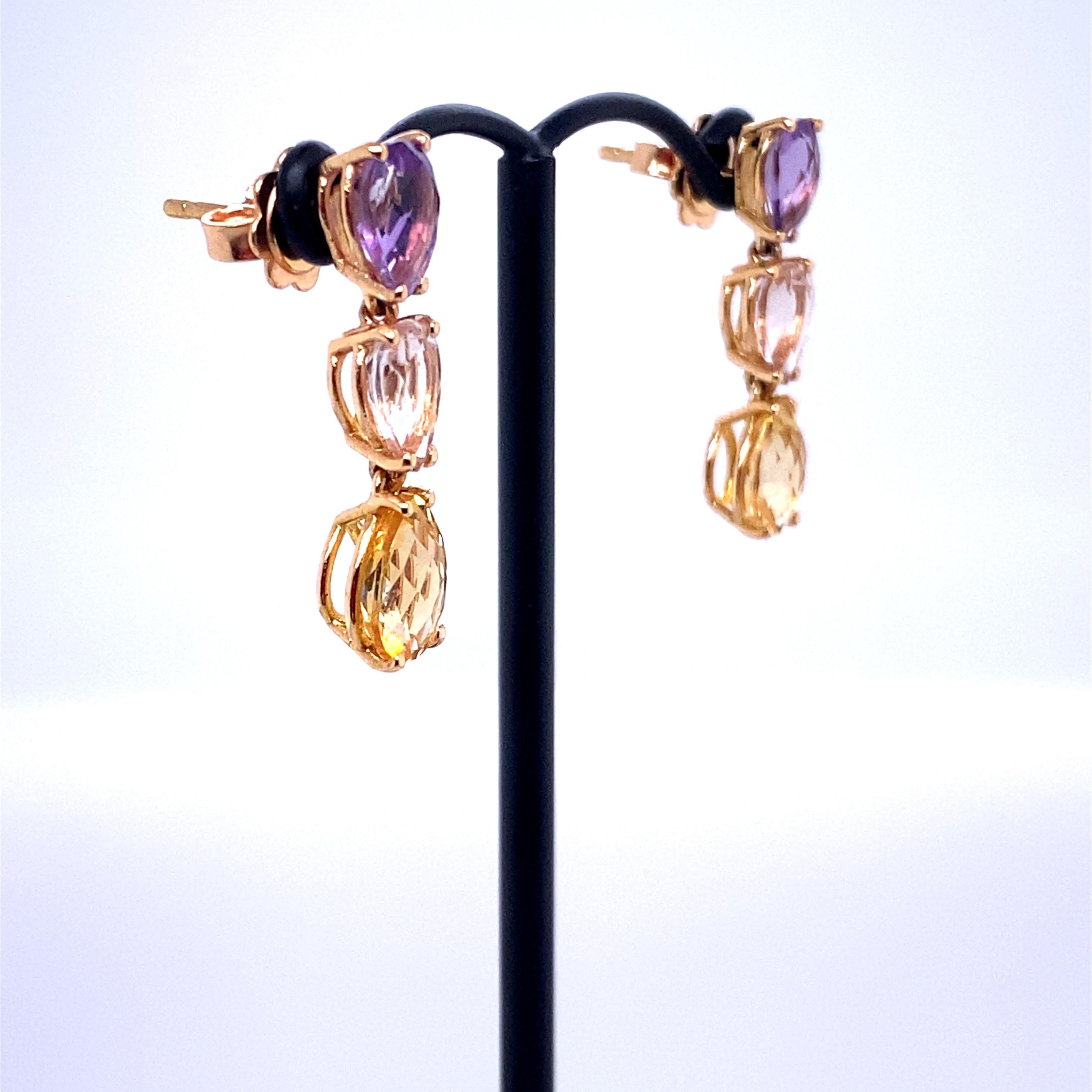 Briolette Cut French Gold Earrings accompanied by 3 Stones an Amethyst a Beryl and a Citrine For Sale