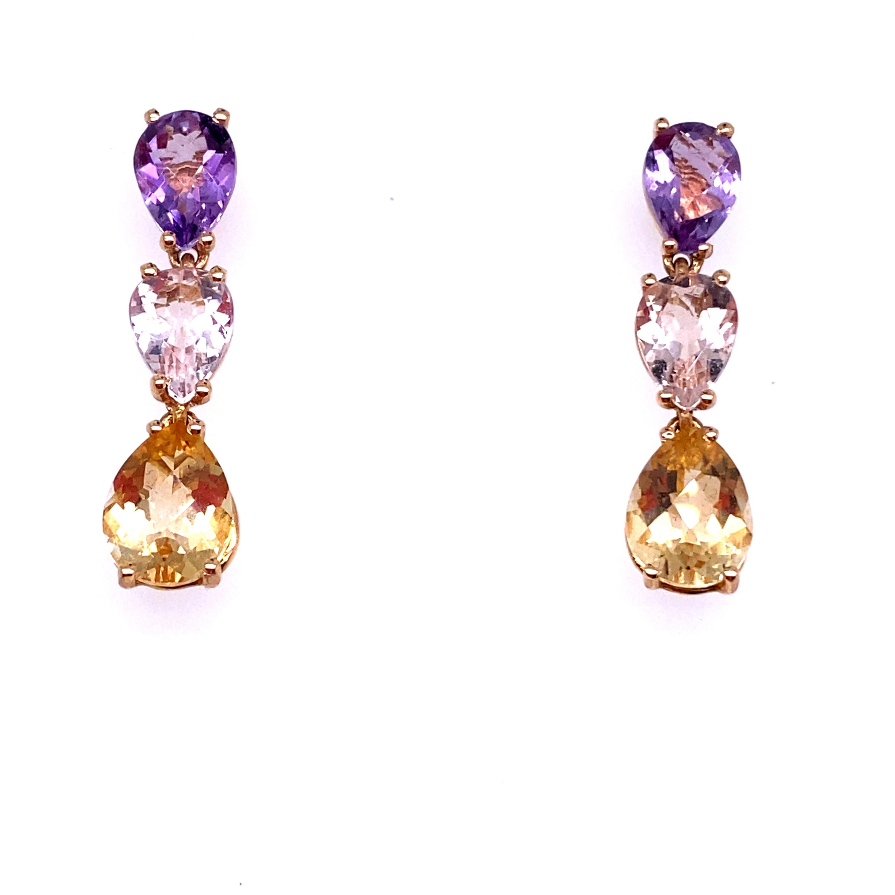 French Gold Earrings accompanied by 3 Stones an Amethyst a Beryl and a Citrine For Sale