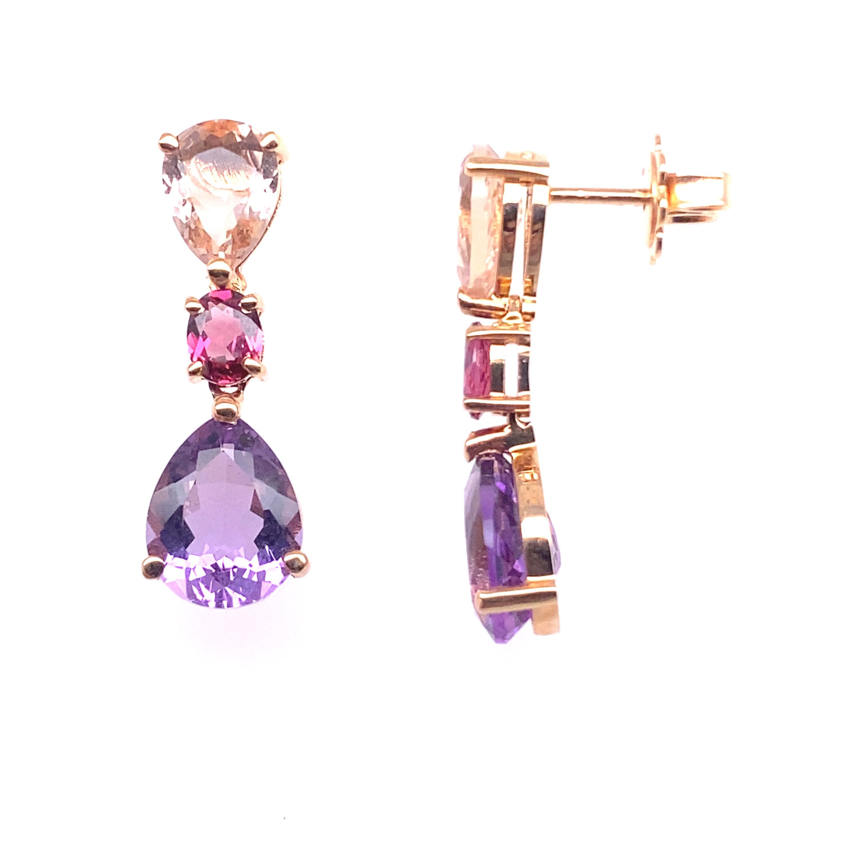 Discover sumptuous gold earrings with amethyst, beryl and rodholite, created with the greatest care in the French collection of Mesure et Art du Temps. Compliant with 1st Dibs listing criteria, these earrings are a true expression of elegance and