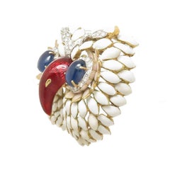French Gold Enamel and Gem Set Large Owl Brooch