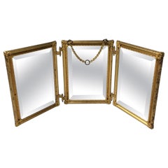 Antique French Gold Gilded Tri Fold Travel Dresser Mirror