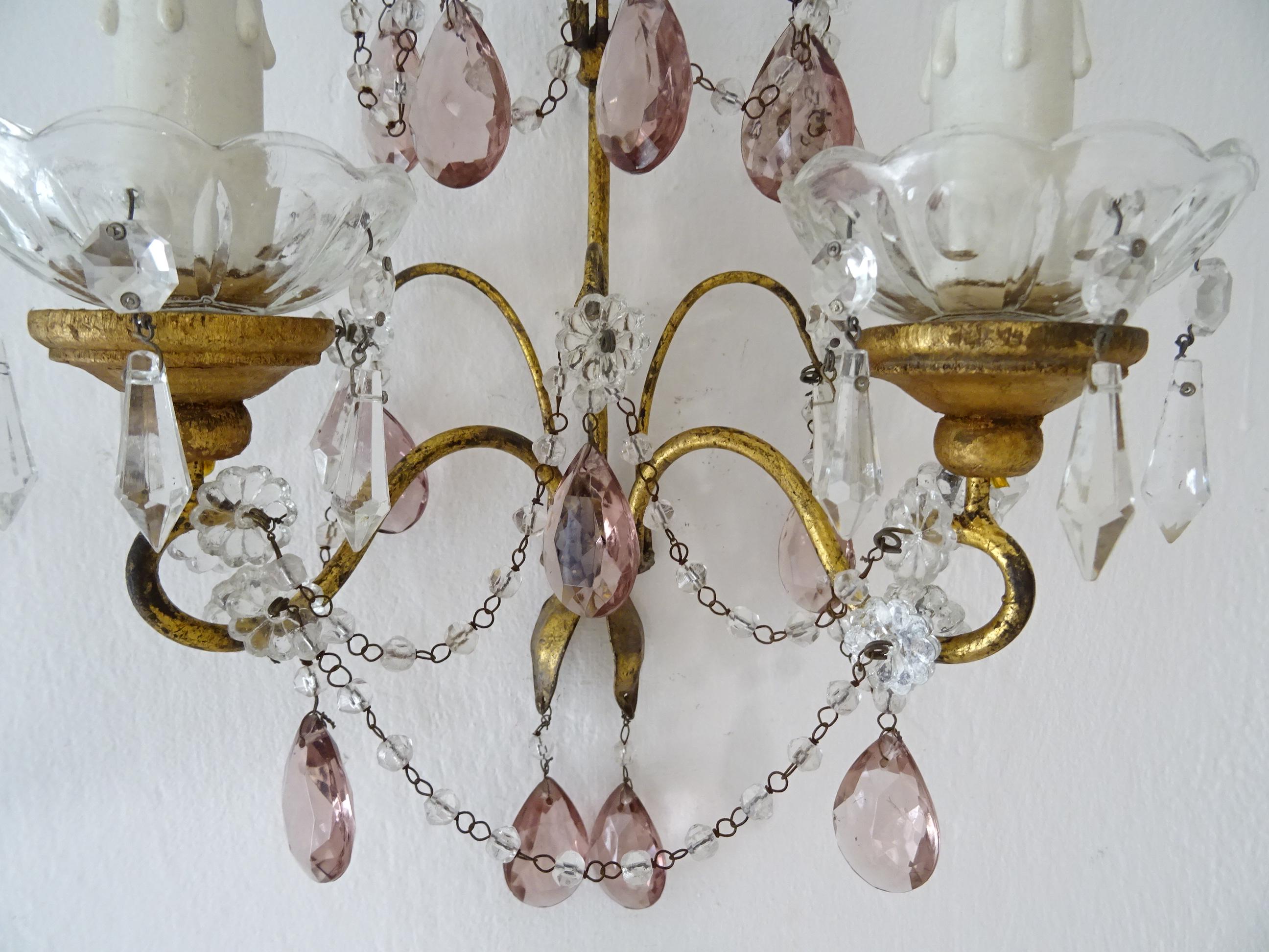 French Gold Gilt Amethyst Crystal Prisms Rock Crystal Sconces, circa 1920 For Sale 5