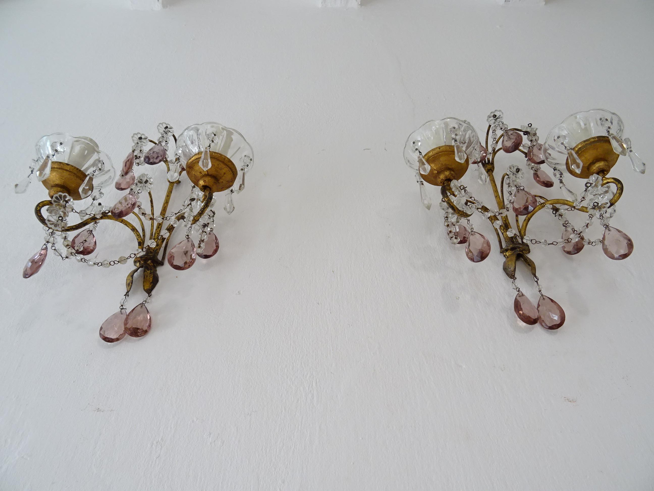 Baroque French Gold Gilt Amethyst Crystal Prisms Rock Crystal Sconces, circa 1920 For Sale