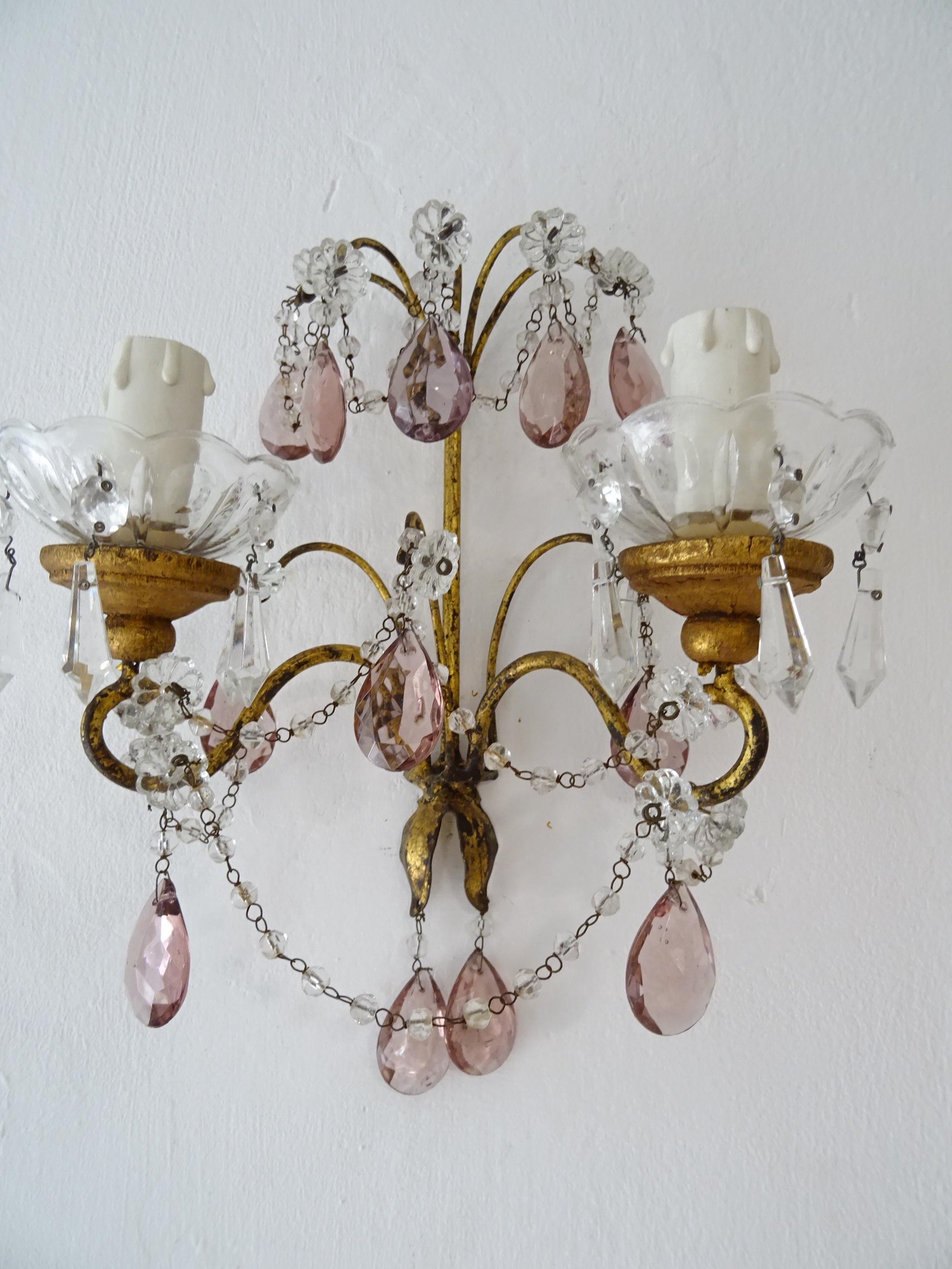 Early 20th Century French Gold Gilt Amethyst Crystal Prisms Rock Crystal Sconces, circa 1920 For Sale