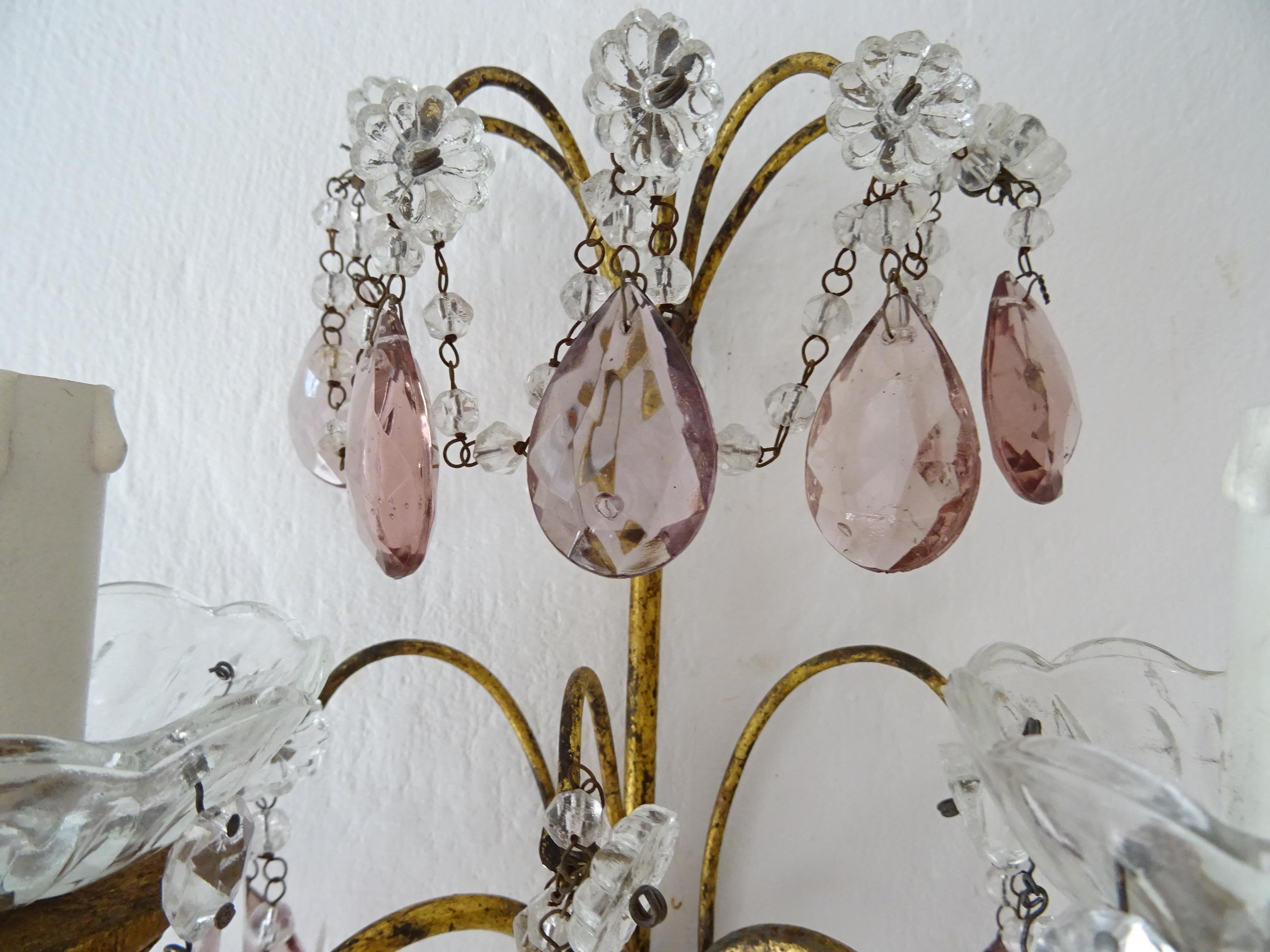 French Gold Gilt Amethyst Crystal Prisms Rock Crystal Sconces, circa 1920 For Sale 1