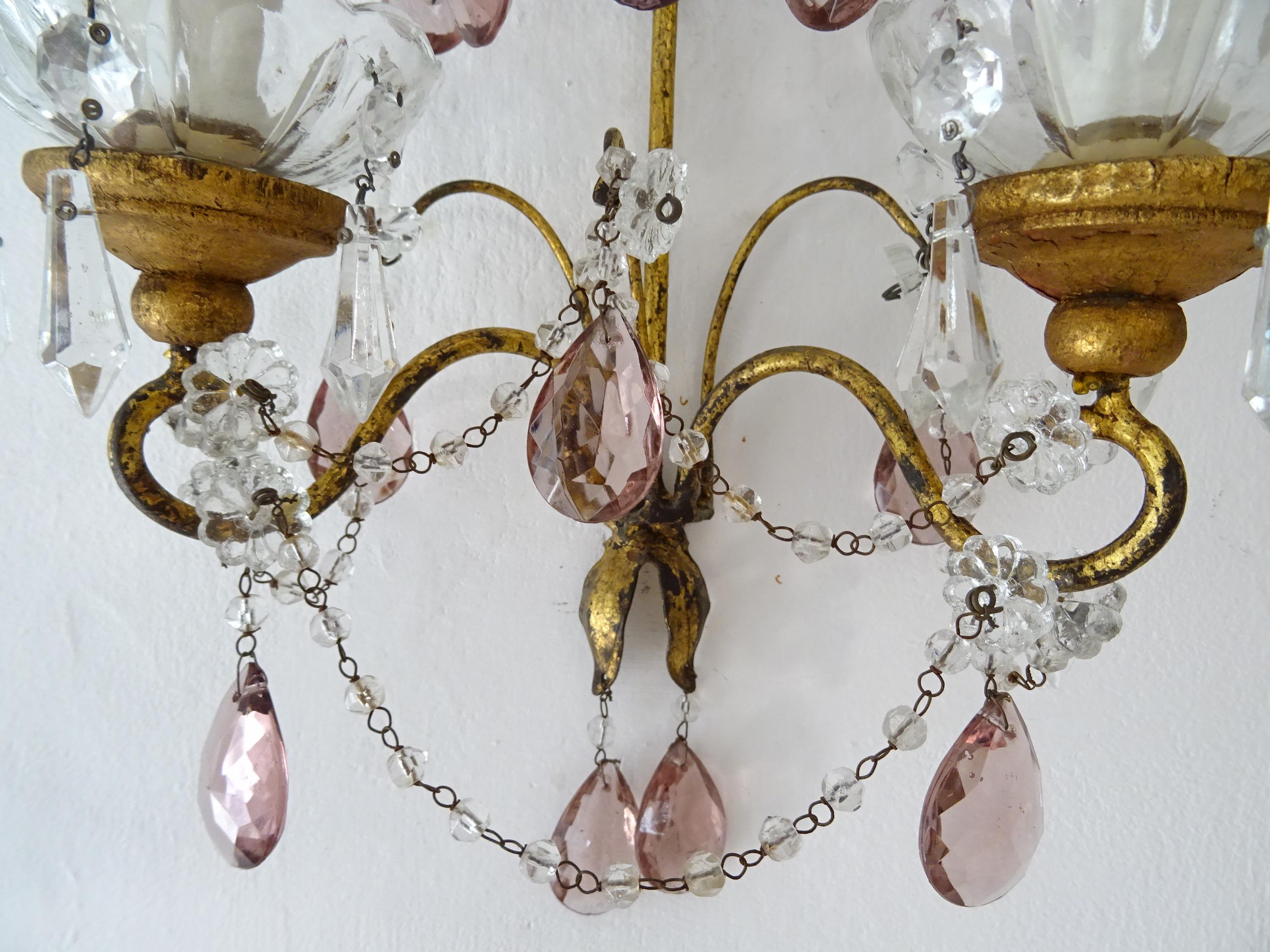 French Gold Gilt Amethyst Crystal Prisms Rock Crystal Sconces, circa 1920 For Sale 2