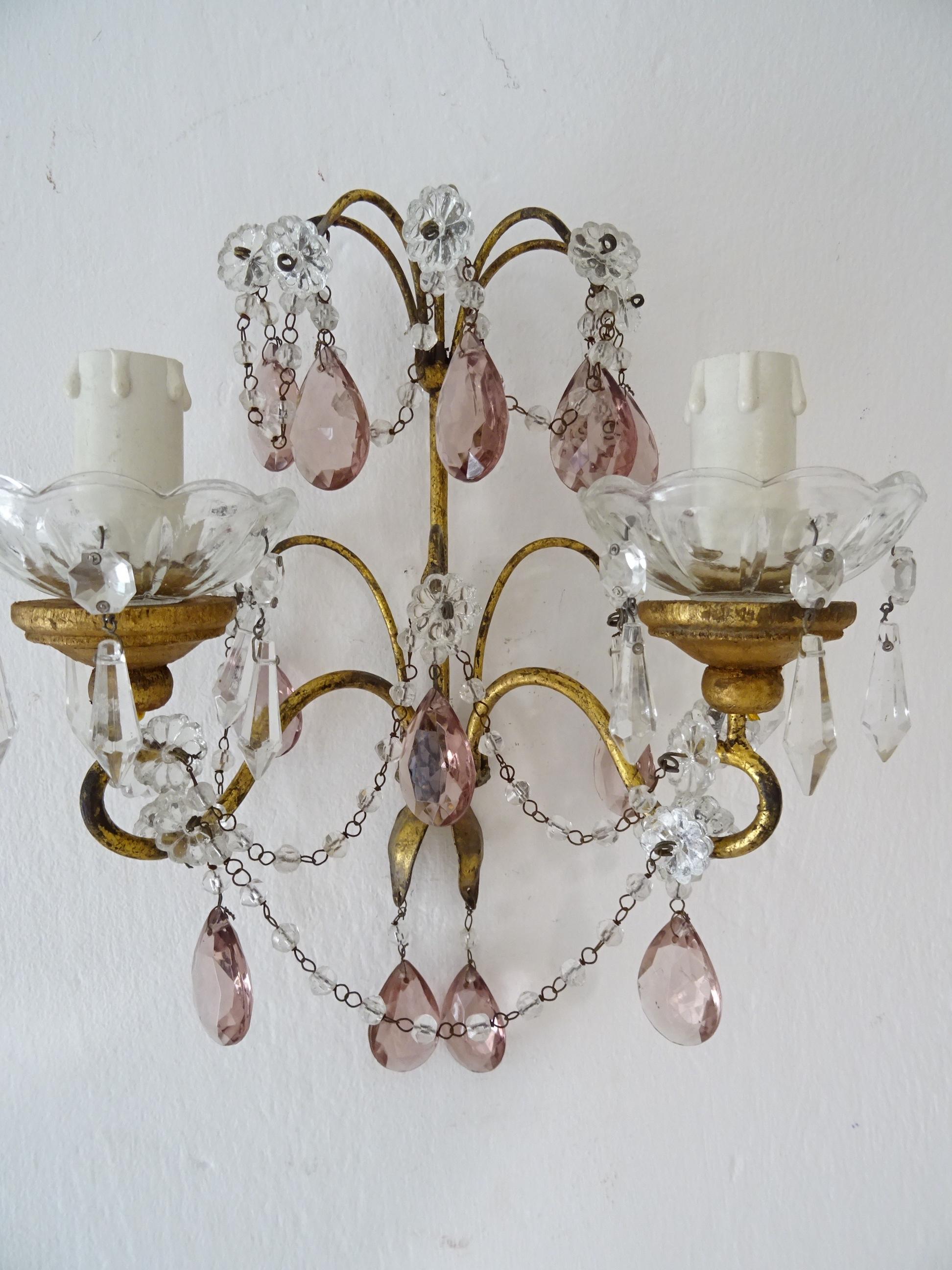 French Gold Gilt Amethyst Crystal Prisms Rock Crystal Sconces, circa 1920 For Sale 4