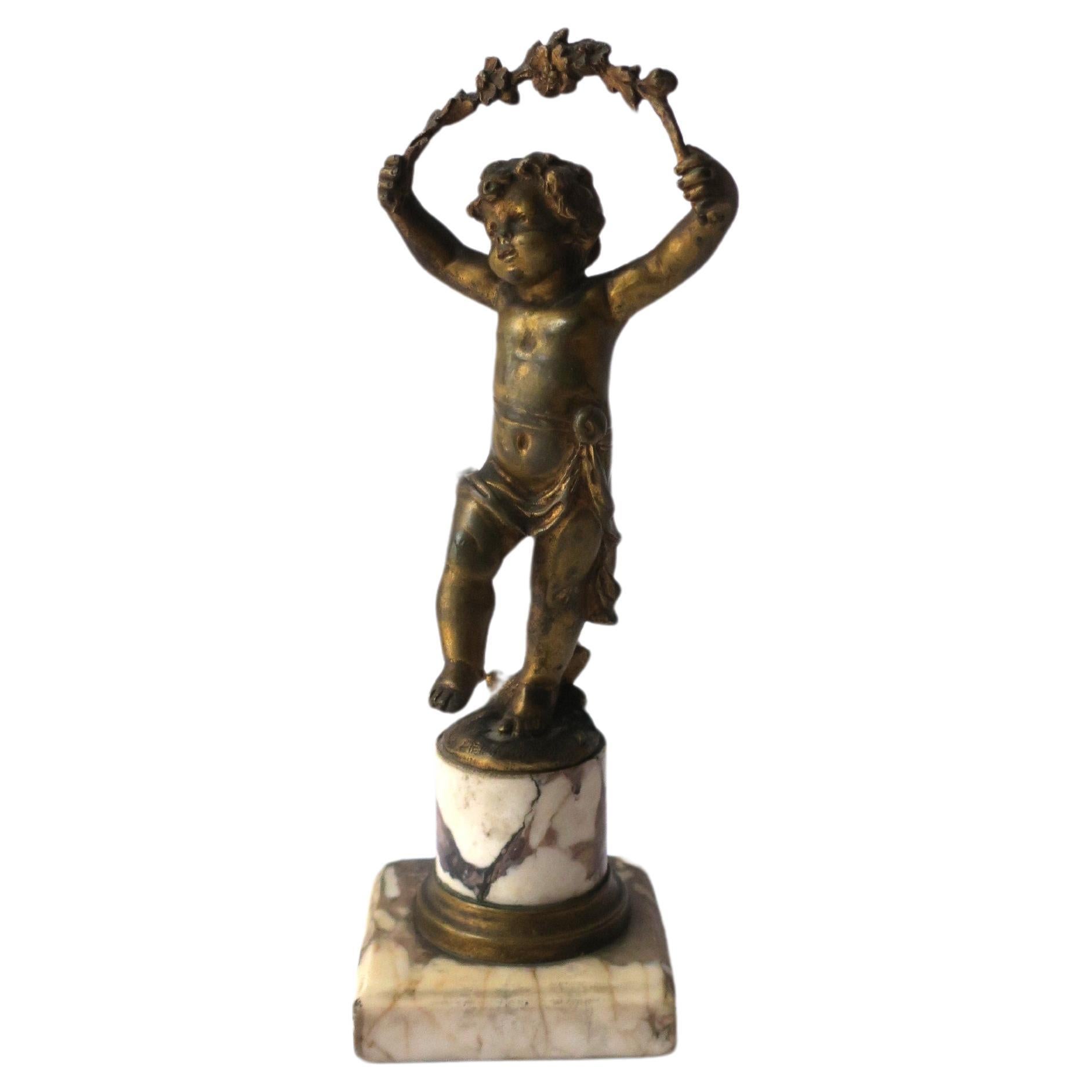 French Gold Gilt Bronze and Marble Male Putti Sculpture, 19th c For Sale