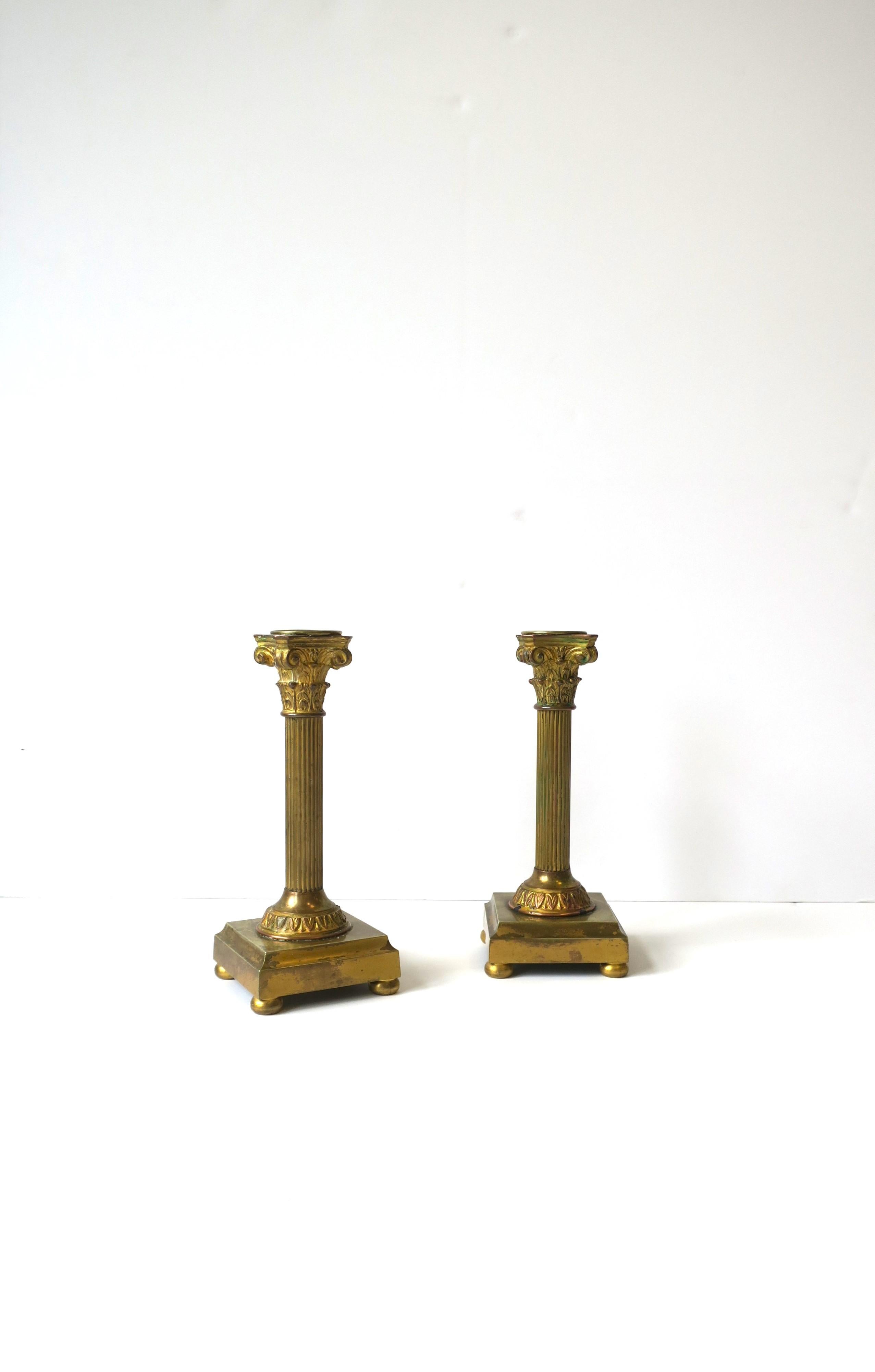 French Neoclassical Bronze Corithian Column Pillar Candlestick Holder, Pair  For Sale at 1stDibs