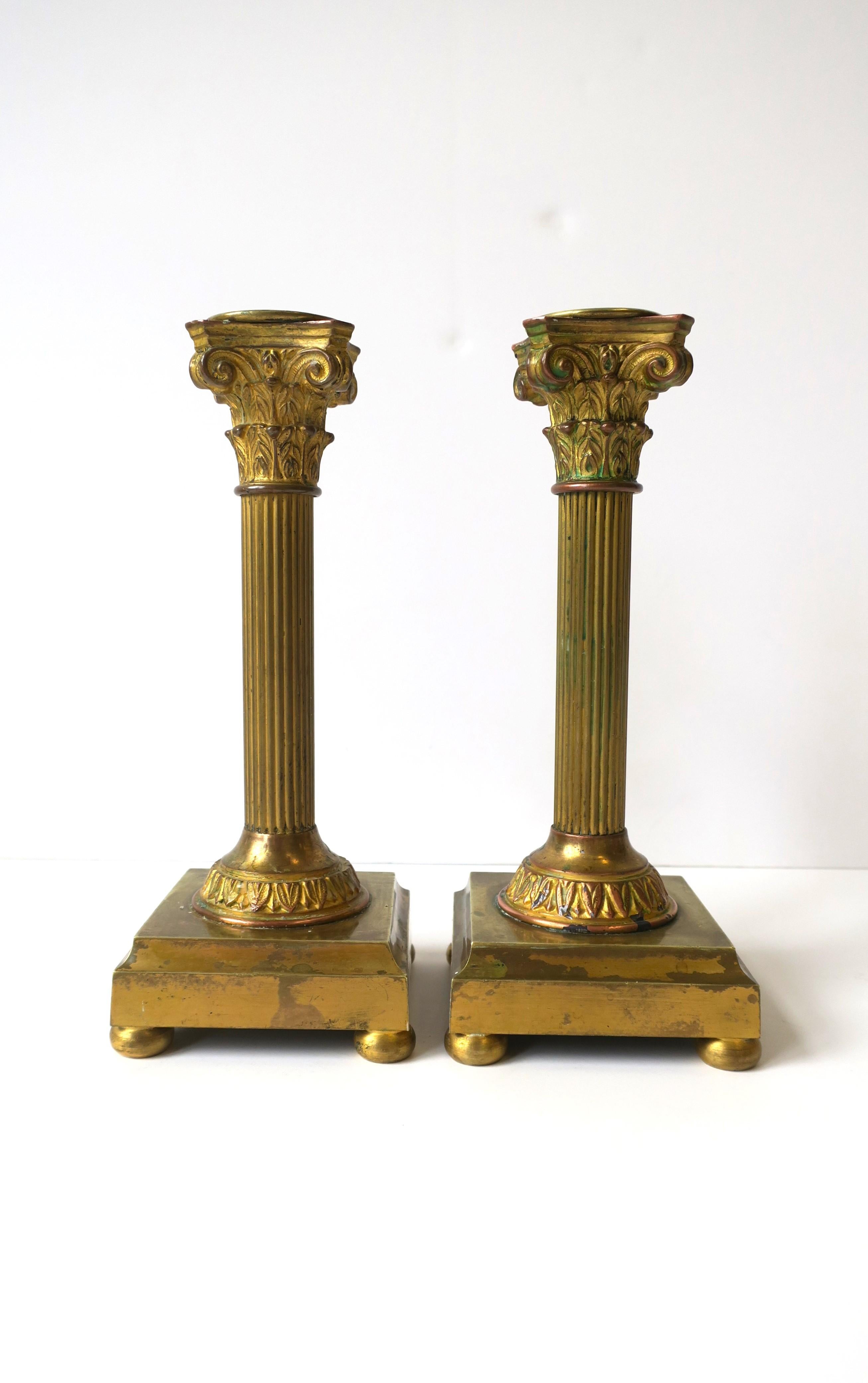 French Neoclassical Bronze Column Pillar Candlesticks Holders, Pair For Sale 2