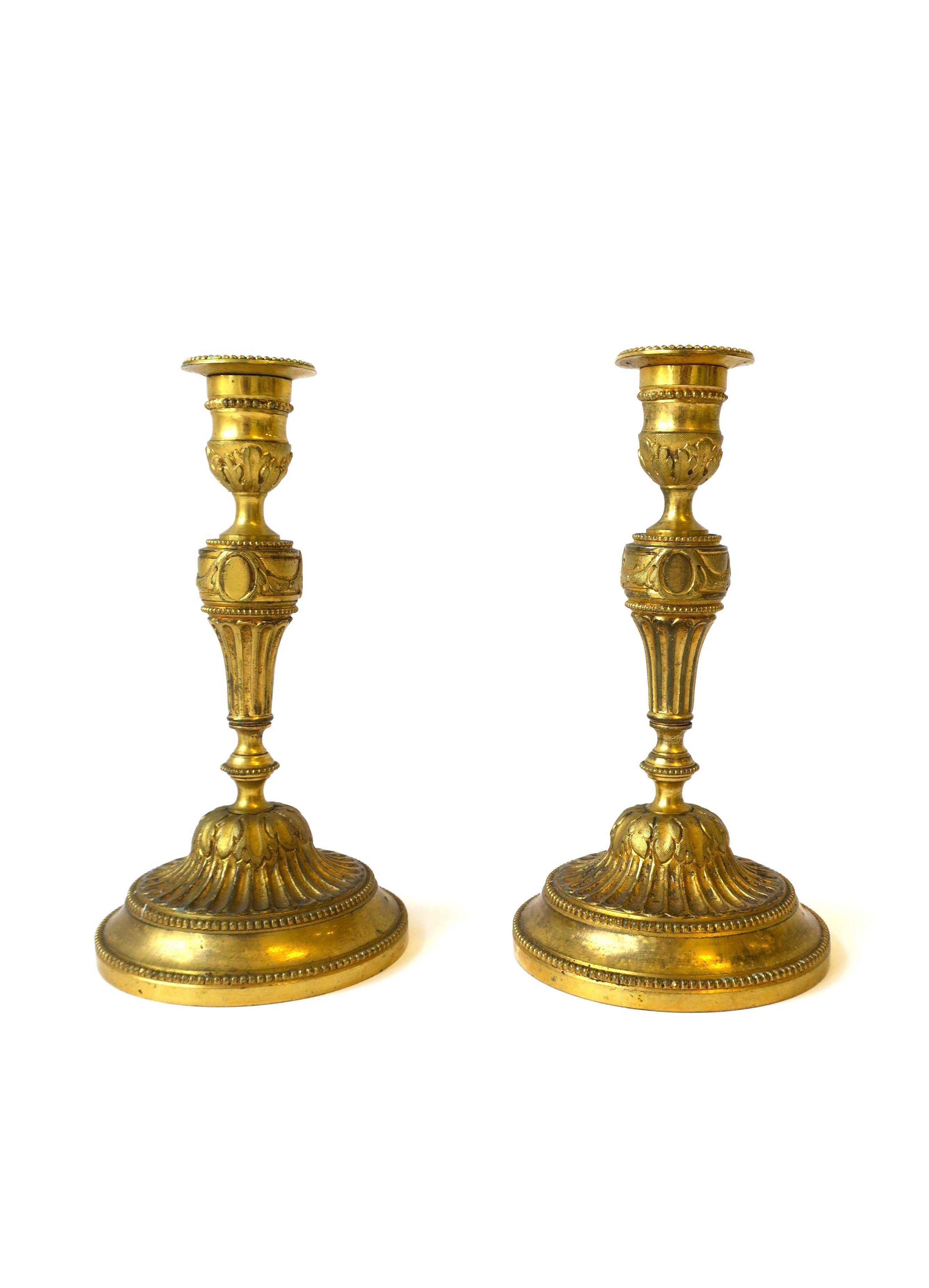 19th Century French Gold Gilt Bronze Neoclassical Candlestick Holders, Pair For Sale